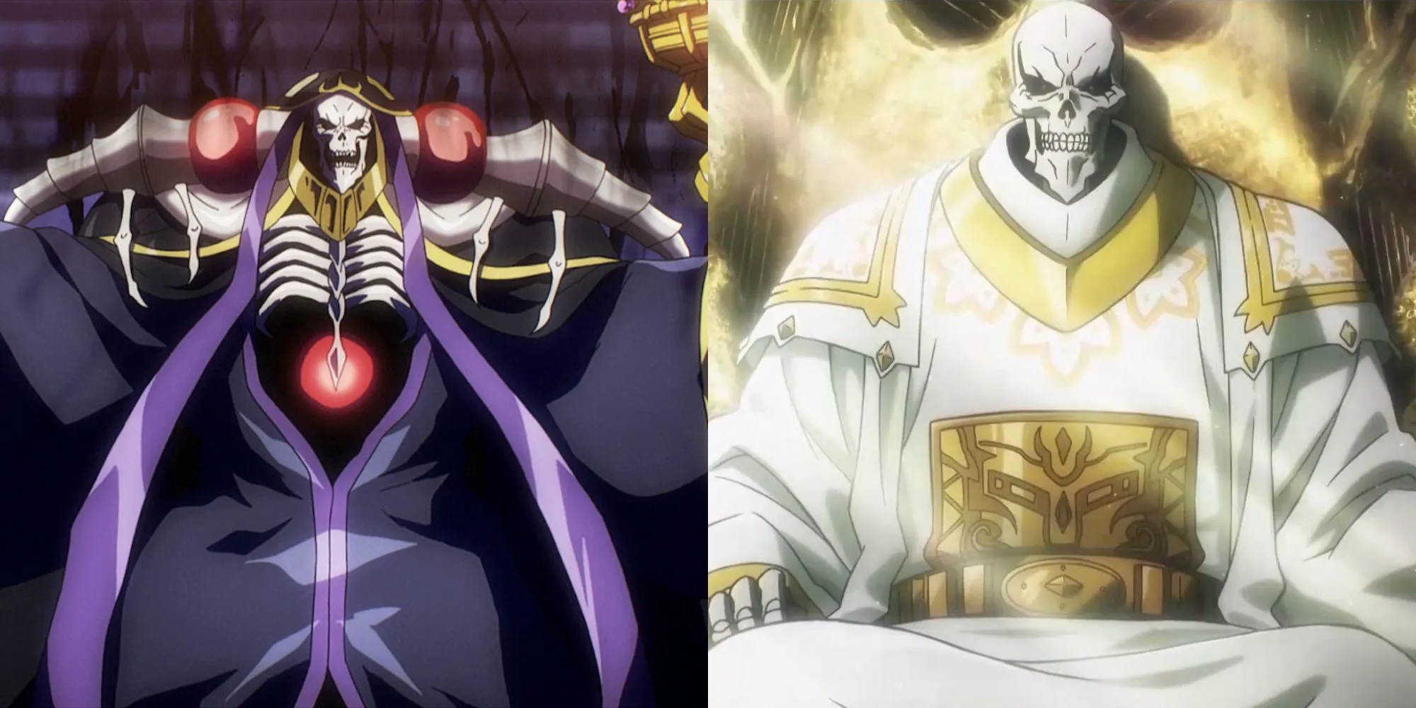 Ainz Ooal Gown ngồi trên ngai vàng trong Lăng Mộ Ngầm Nazarick, bao quanh bởi các Floor Guardians