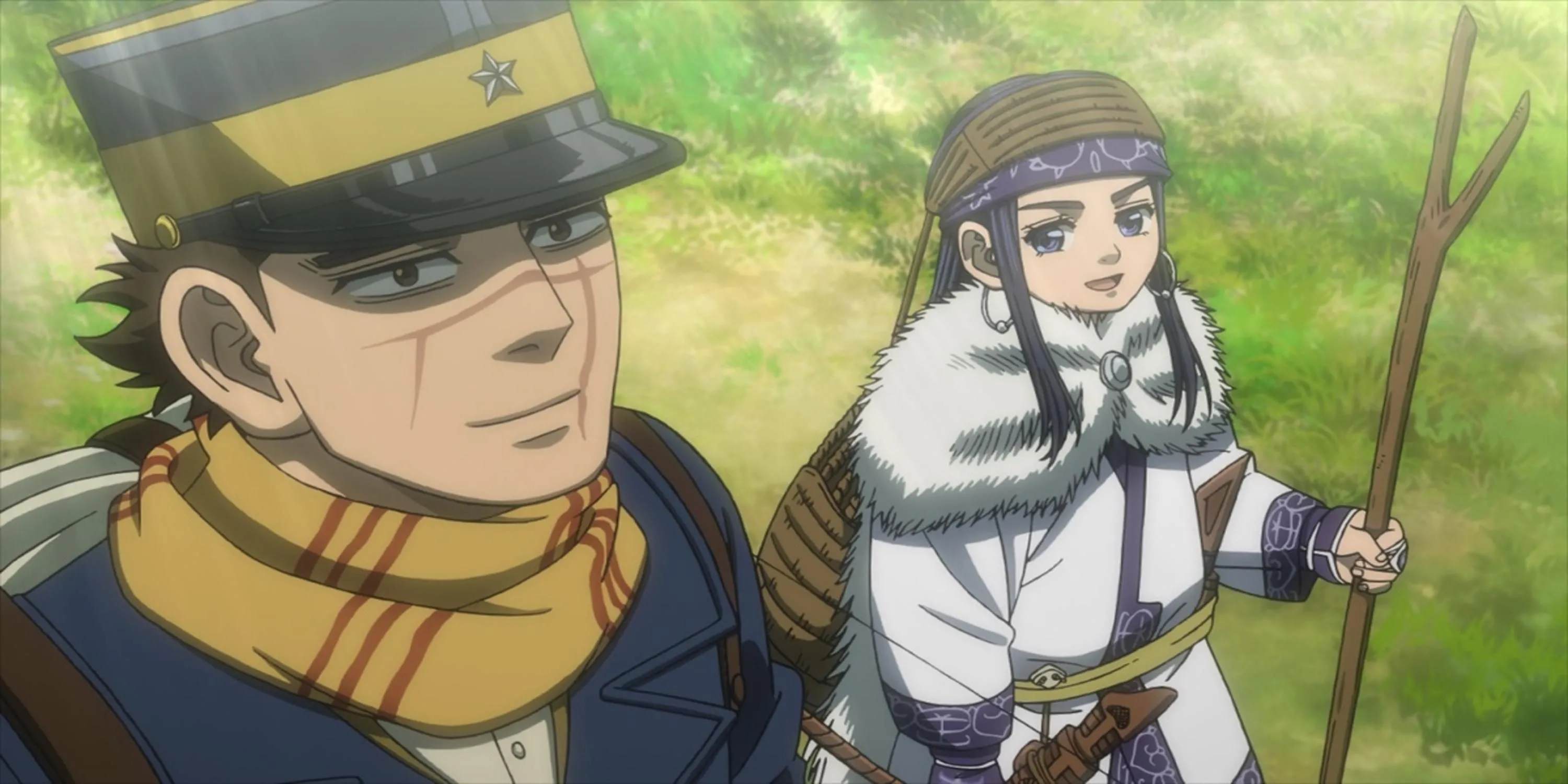 Ảnh bìa anime Golden Kamuy với nhân vật chính Sugimoto và Asirpa, bối cảnh vùng Hokkaido khắc nghiệt.