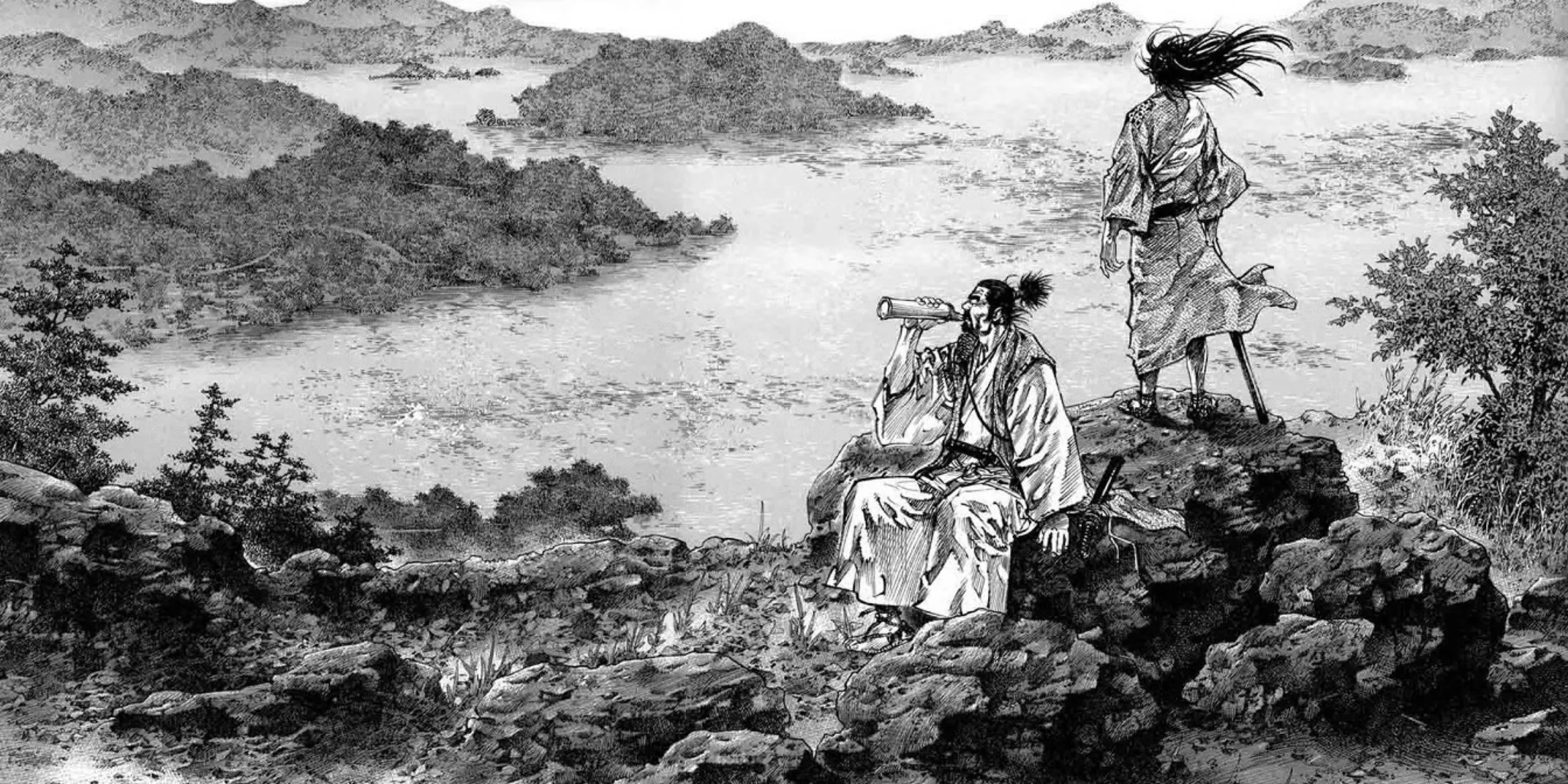 Ảnh bìa manga Vagabond với hình ảnh kiếm sĩ Miyamoto Musashi