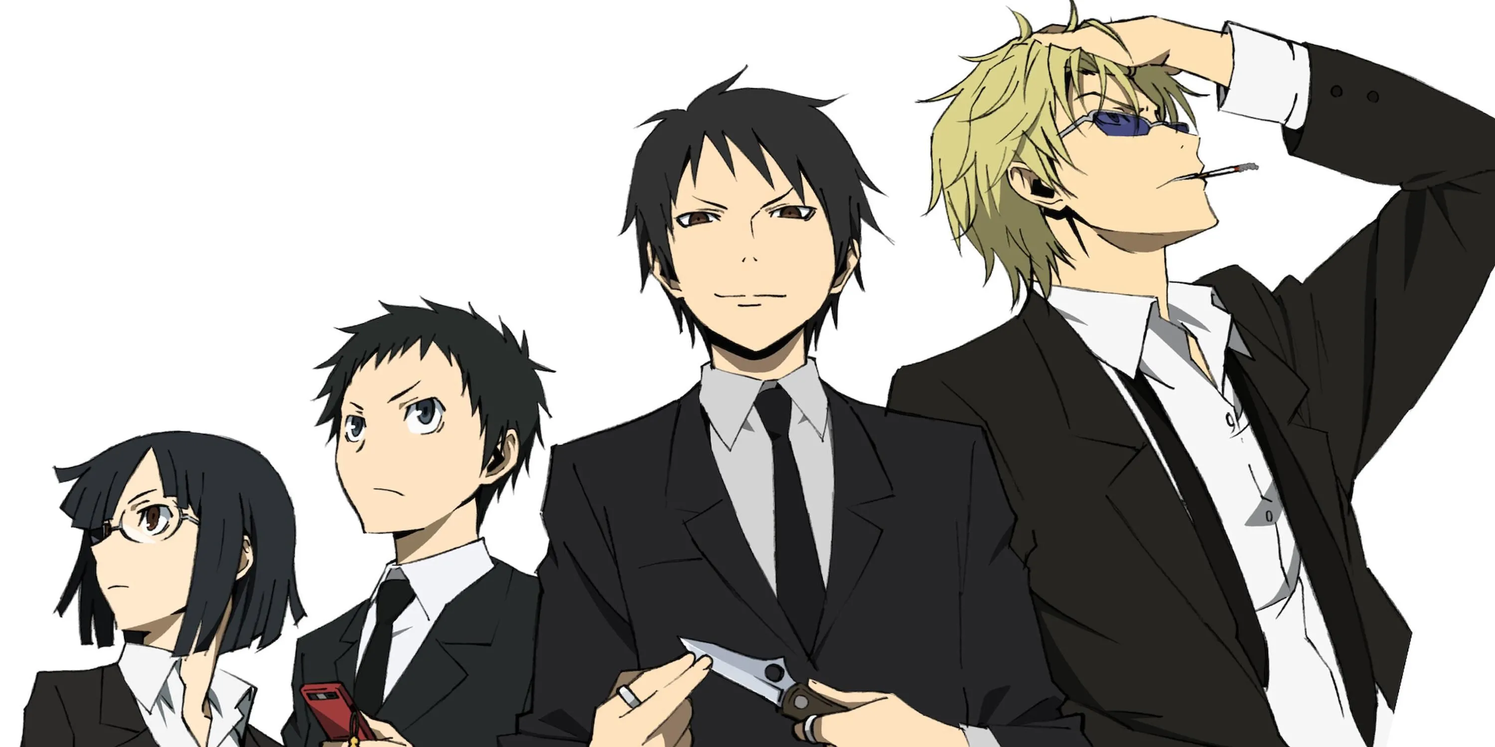 Ảnh các nhân vật chính như Celty, Izaya, Shizuo trong anime Durarara!!, bối cảnh thành phố Ikebukuro bí ẩn.