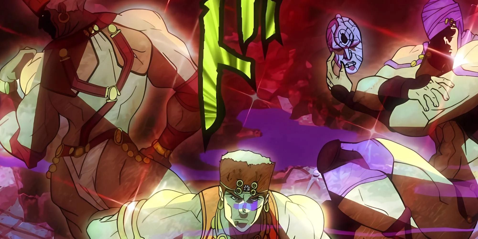 Bộ ba Pillar Men: Kars, Esidisi, Wamuu trong tư thế tượng đài biểu tượng khi tỉnh giấc ở JoJo phần 2