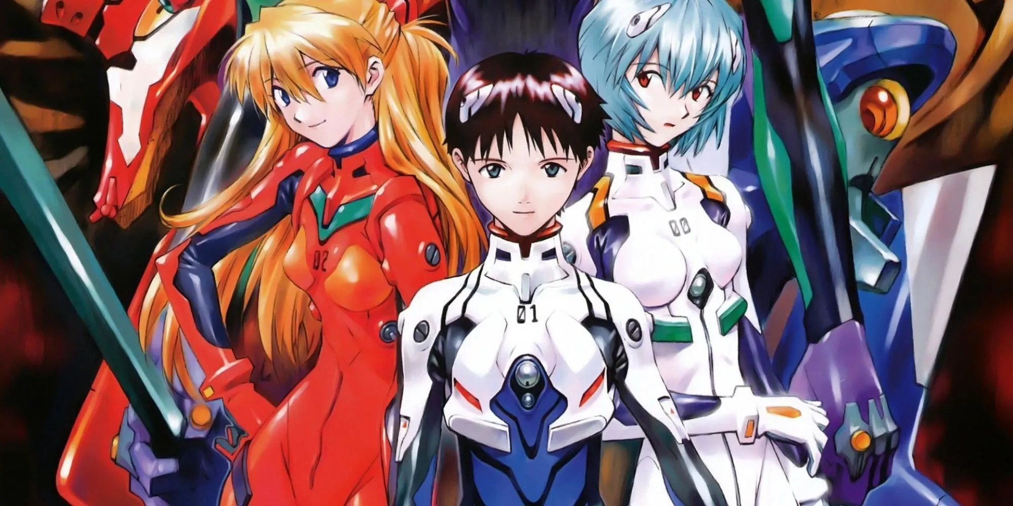 Các nhân vật chính của Neon Genesis Evangelion đứng cùng nhau, biểu tượng cho áp lực và tổn thương tâm lý.