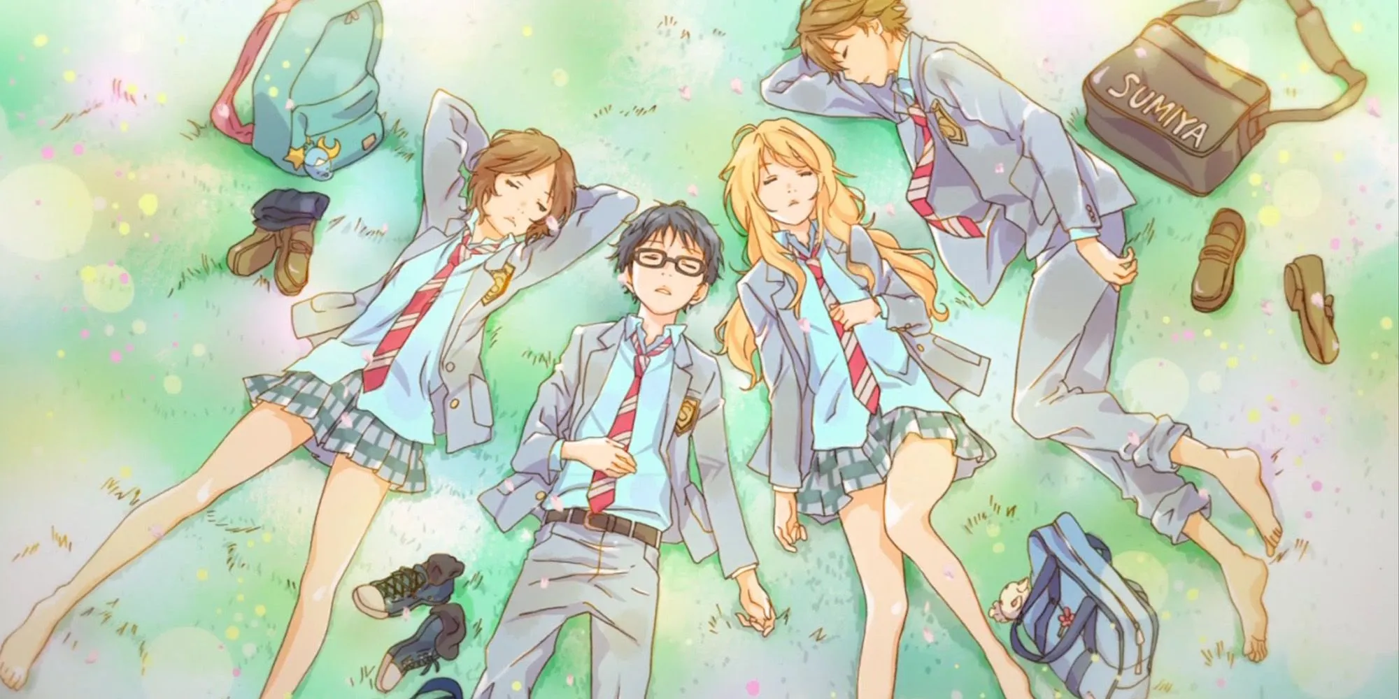 Các nhân vật chính Kousei, Kaori, Tsubaki và Watari trong anime Your Lie in April