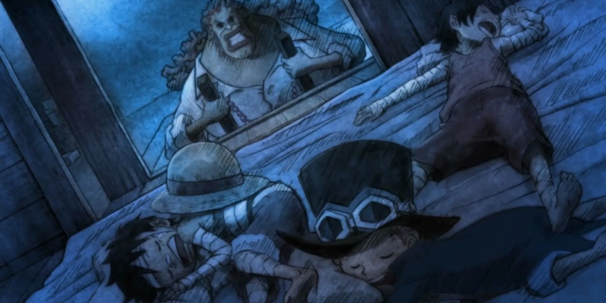 Dadan cùng ba anh em Luffy, Ace, Sabo thời thơ ấu trong One Piece.