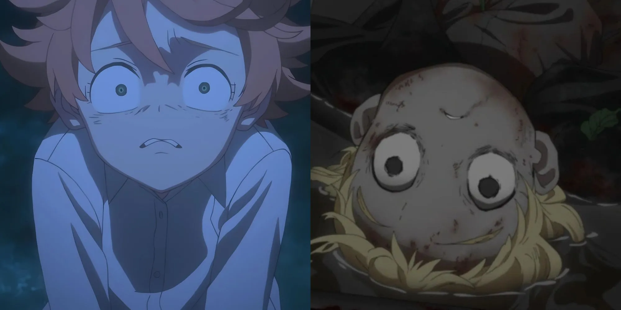 Emma, Norman, và Ray với vẻ mặt kinh hoàng trước cánh cổng bí ẩn của trại trẻ Grace Field trong tập 1 The Promised Neverland.
