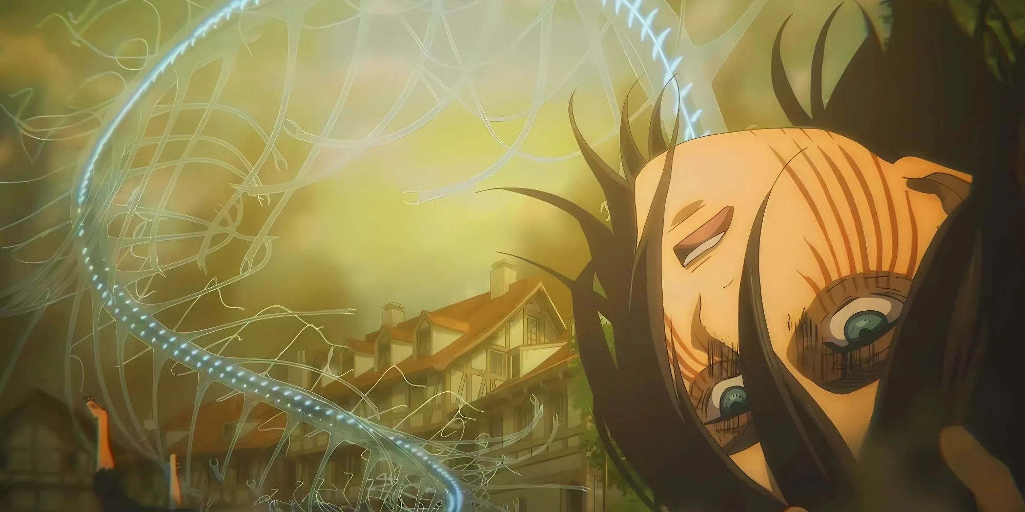 Eren Yeager (Attack on Titan) khởi động Chấn Địa với đội quân Titan Tường Thành tàn phá thế giới.