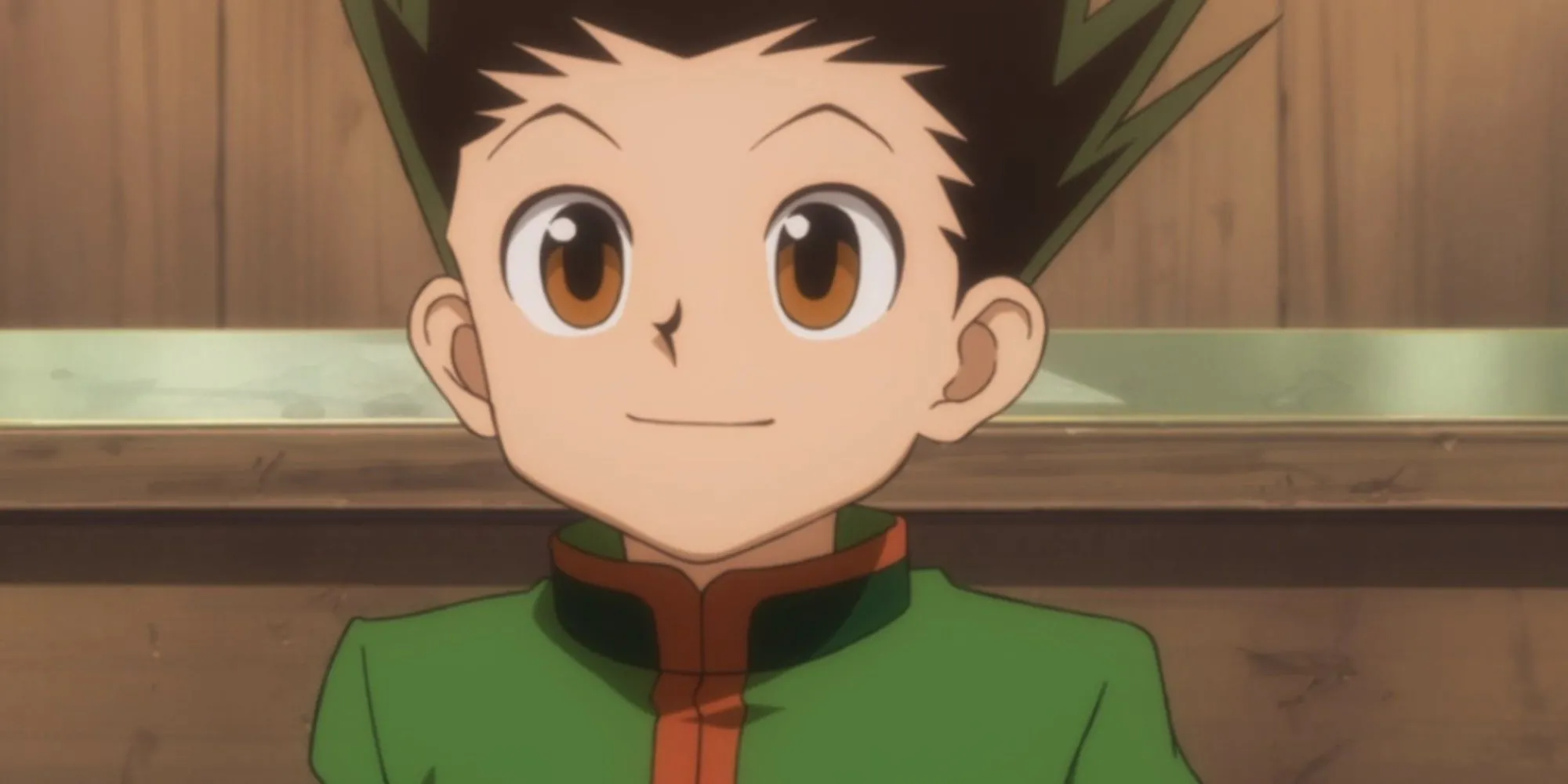 Gon Freecss mỉm cười nhẹ, lông mày hơi nhướng trong Hunter x Hunter