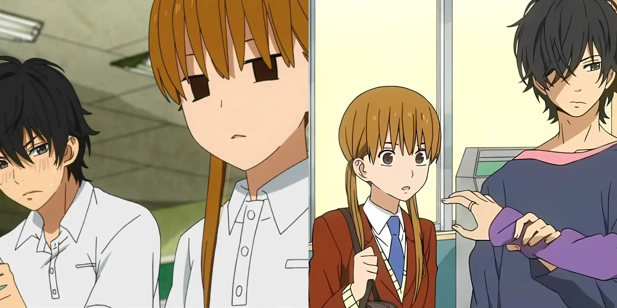 Haru Yoshida nhìn Shizuku Mizutani trong cảnh đầu tiên của My Little Monster, thể hiện sự đối lập tính cách giữa chàng trai nổi loạn và cô nàng mọt sách.