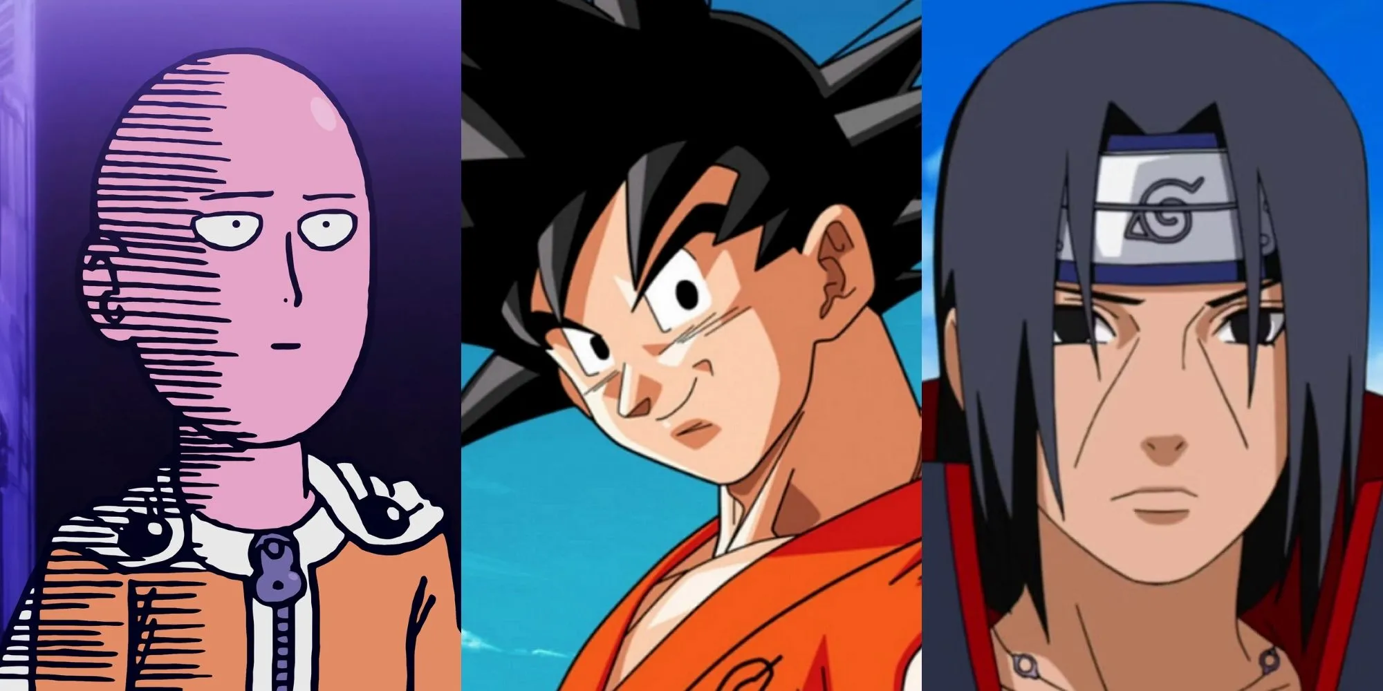 Hình ảnh minh họa các nhân vật anime nổi tiếng Saitama, Goku và Itachi Uchiha, gợi ý tên game PUBG anime hay