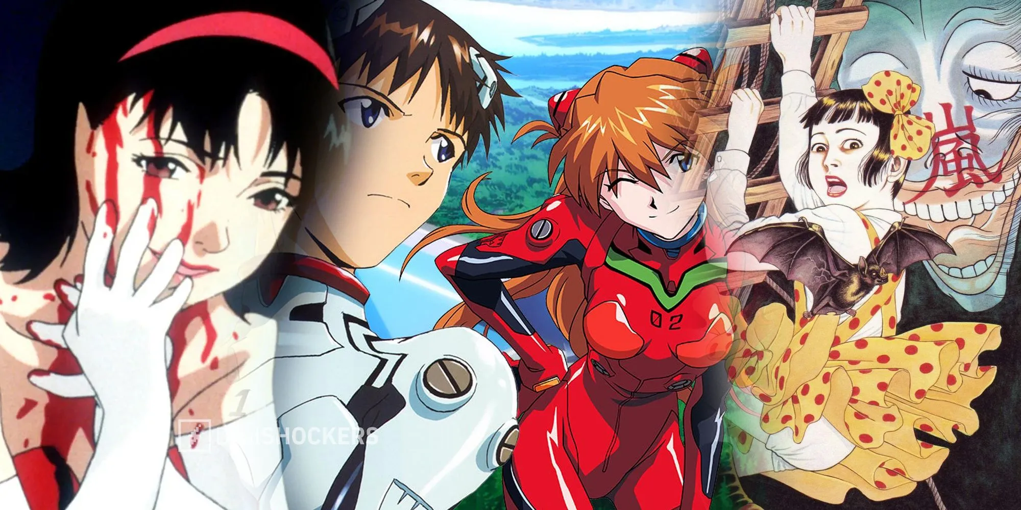Hình ảnh minh họa từ các anime kinh dị tâm lý như Perfect Blue và Neon Genesis Evangelion