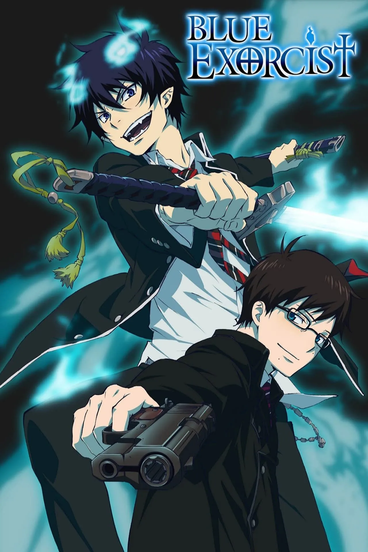 Hình ảnh quảng bá anime Blue Exorcist, nhấn mạnh yếu tố trừ tà và quỷ.