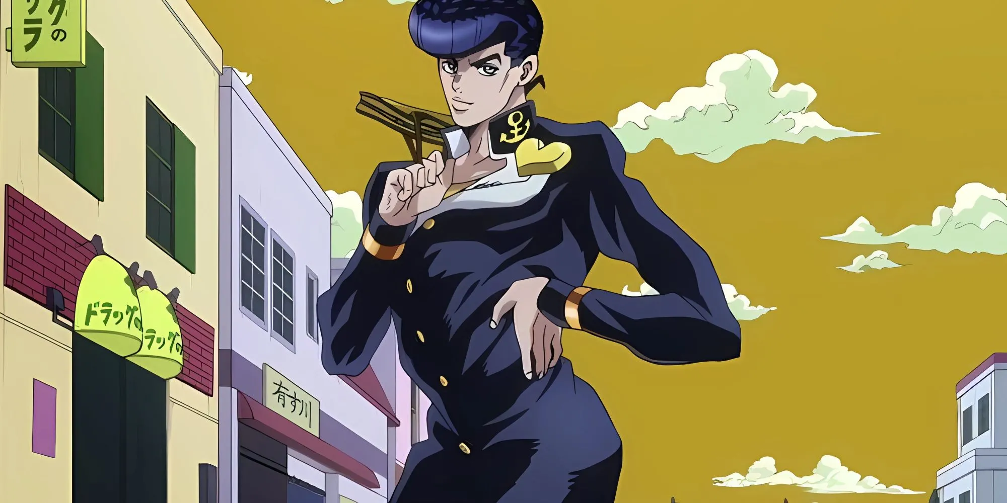 Josuke Higashikata với tư thế tạo dáng chống hông và tay lên cằm trong JoJo phần 4