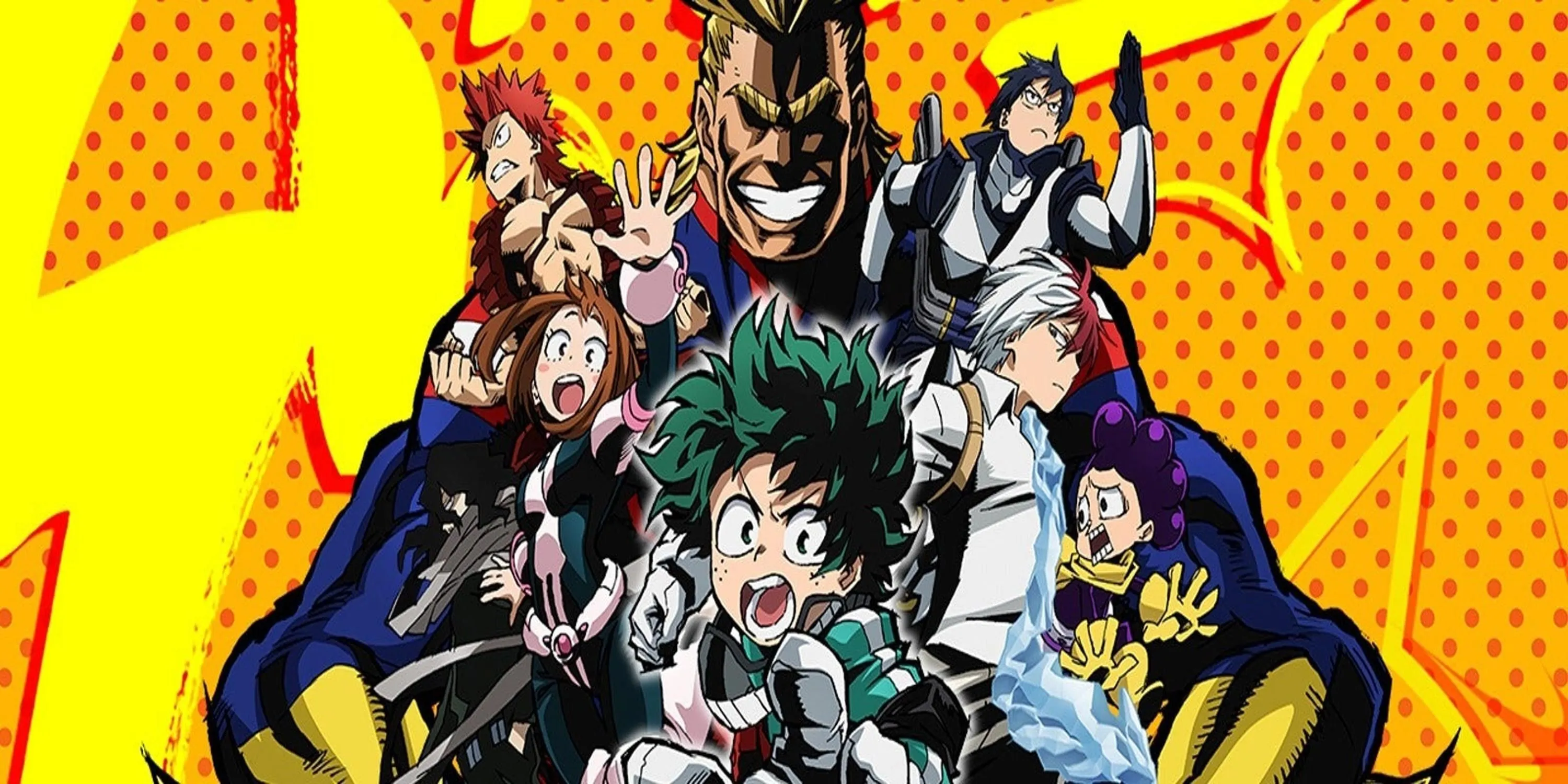 Key visual mùa đầu tiên My Hero Academia, giới thiệu Izuku Midoriya và All Might.