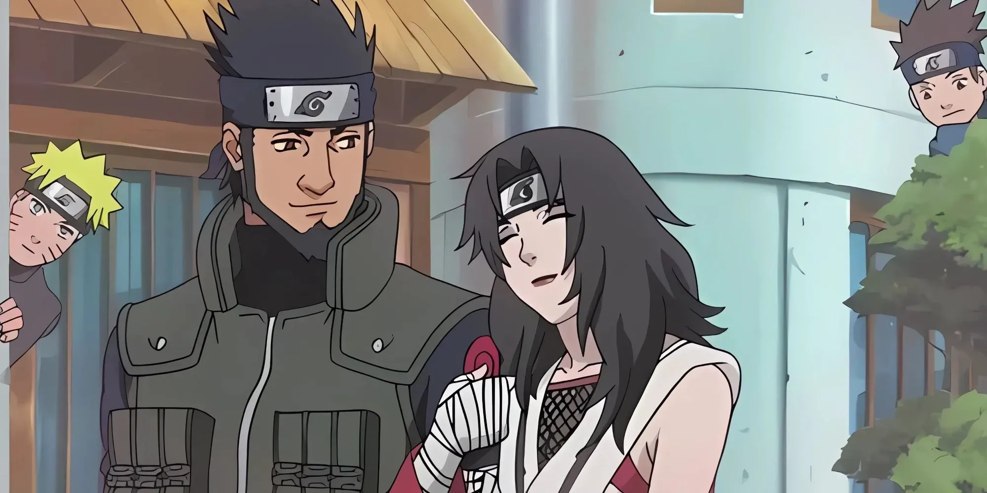 Kurenai Yuhi và Asuma Sarutobi đi cùng nhau, bị Naruto và Konohamaru theo dõi trong series Naruto.