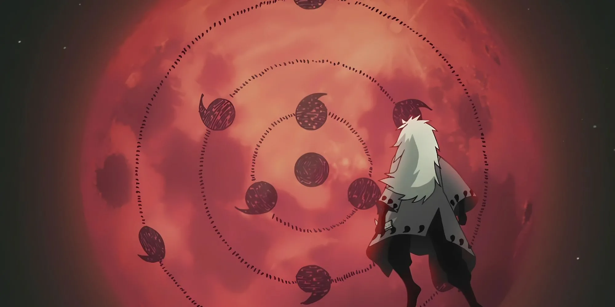 Madara Uchiha (Naruto Shippuden) kích hoạt Tsukuyomi Vô Hạn phủ bóng lên toàn cầu.