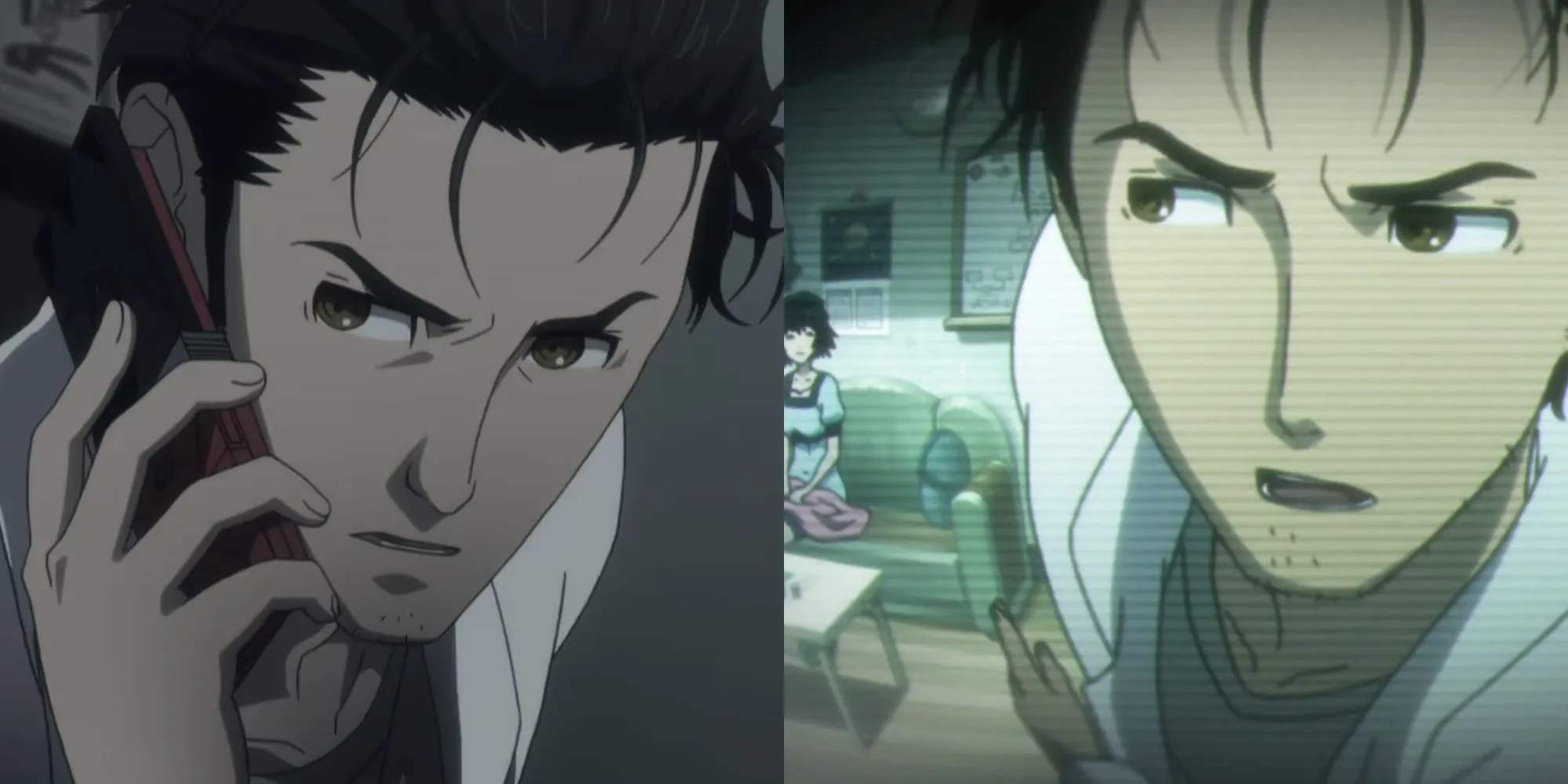 Okabe Rintaro với chiếc điện thoại, trông đầy bí ẩn giữa Akihabara trong tập 'Turning Point' của Steins;Gate.