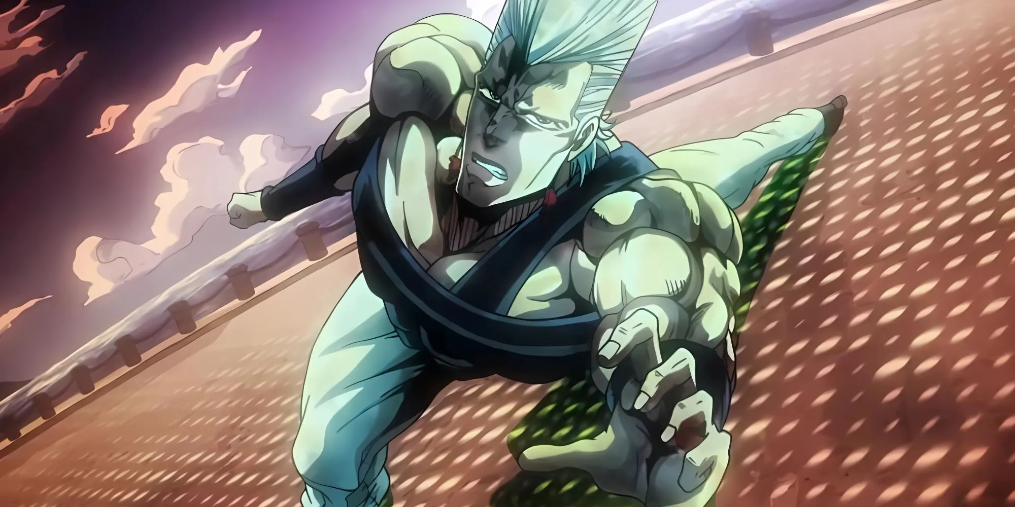 Polnareff trong tư thế nghiêng người khó tin với kiếm Silver Chariot ở JoJo phần 3