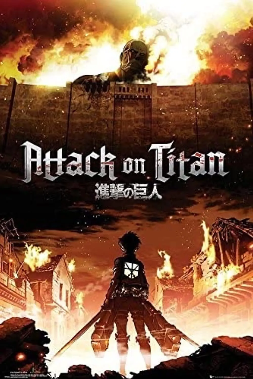Poster anime Attack on Titan với Eren, Mikasa, Armin và các thành viên Survey Corps chiến đấu với Titan