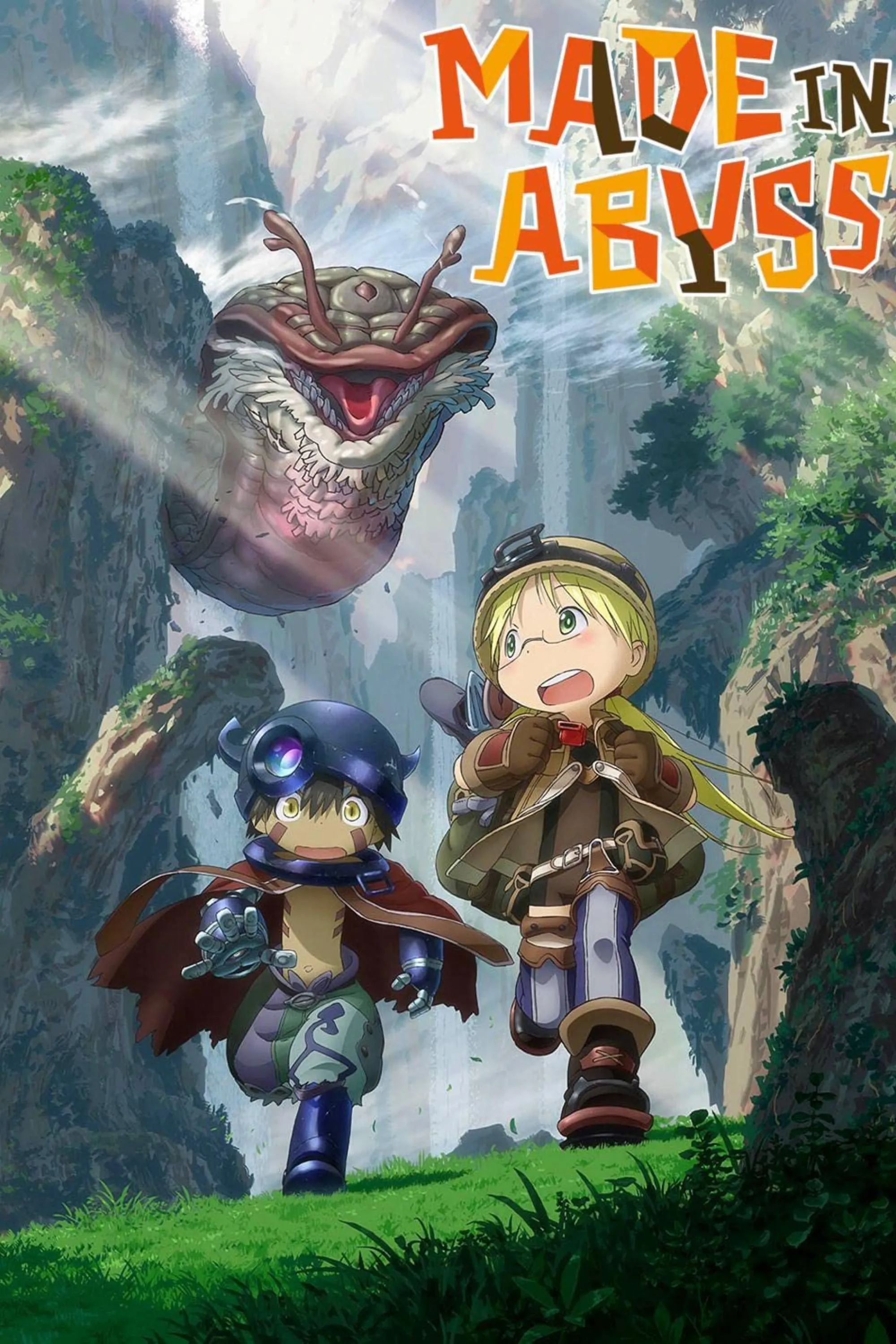 Poster anime Made in Abyss với Riko, Reg và Nanachi khám phá hố sâu