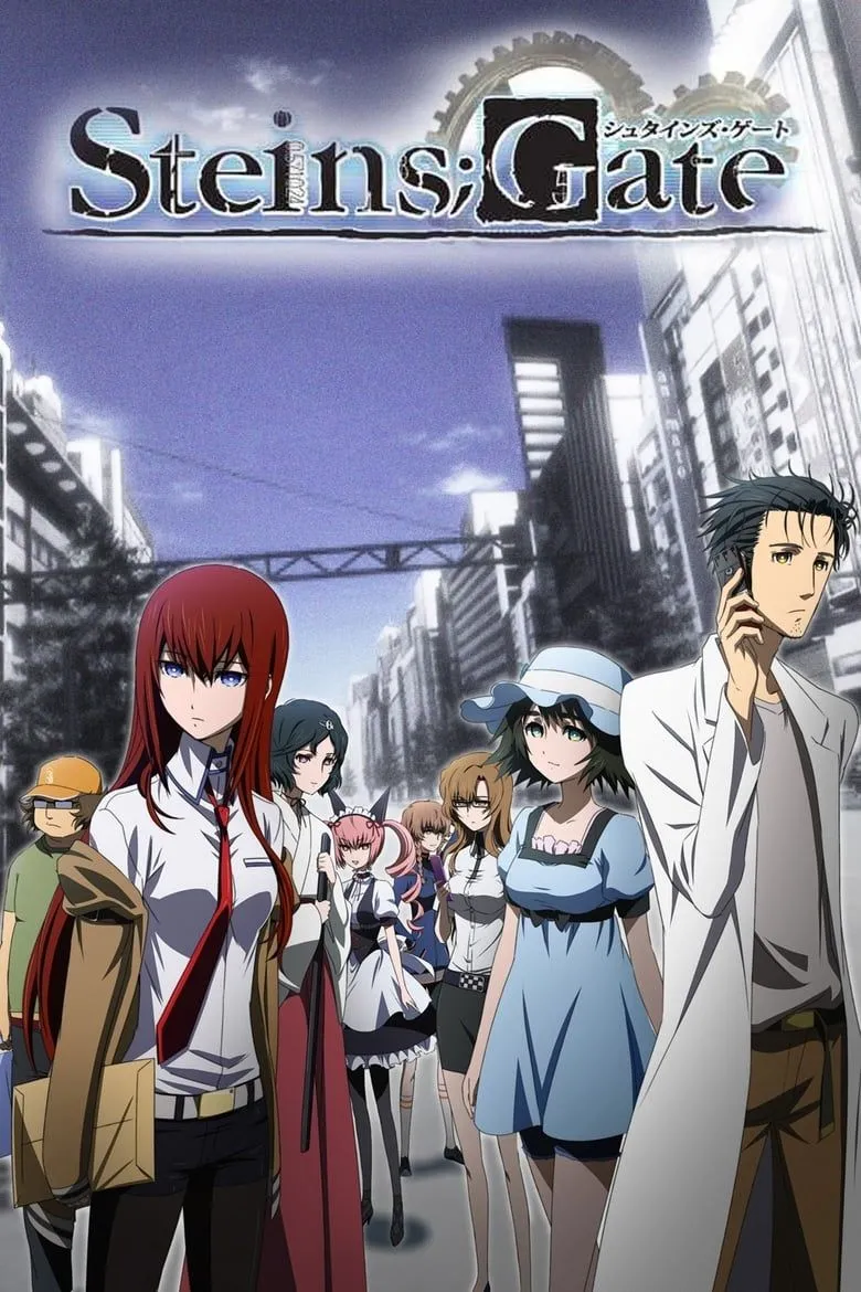 Poster anime Steins;Gate với Okabe và các thành viên Future Gadget Lab
