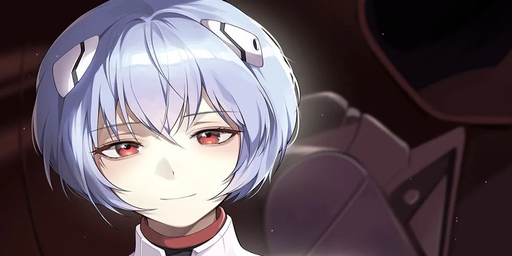 Rei Ayanami từ Neon Genesis Evangelion với ánh mắt vô hồn và biểu cảm bí ẩn