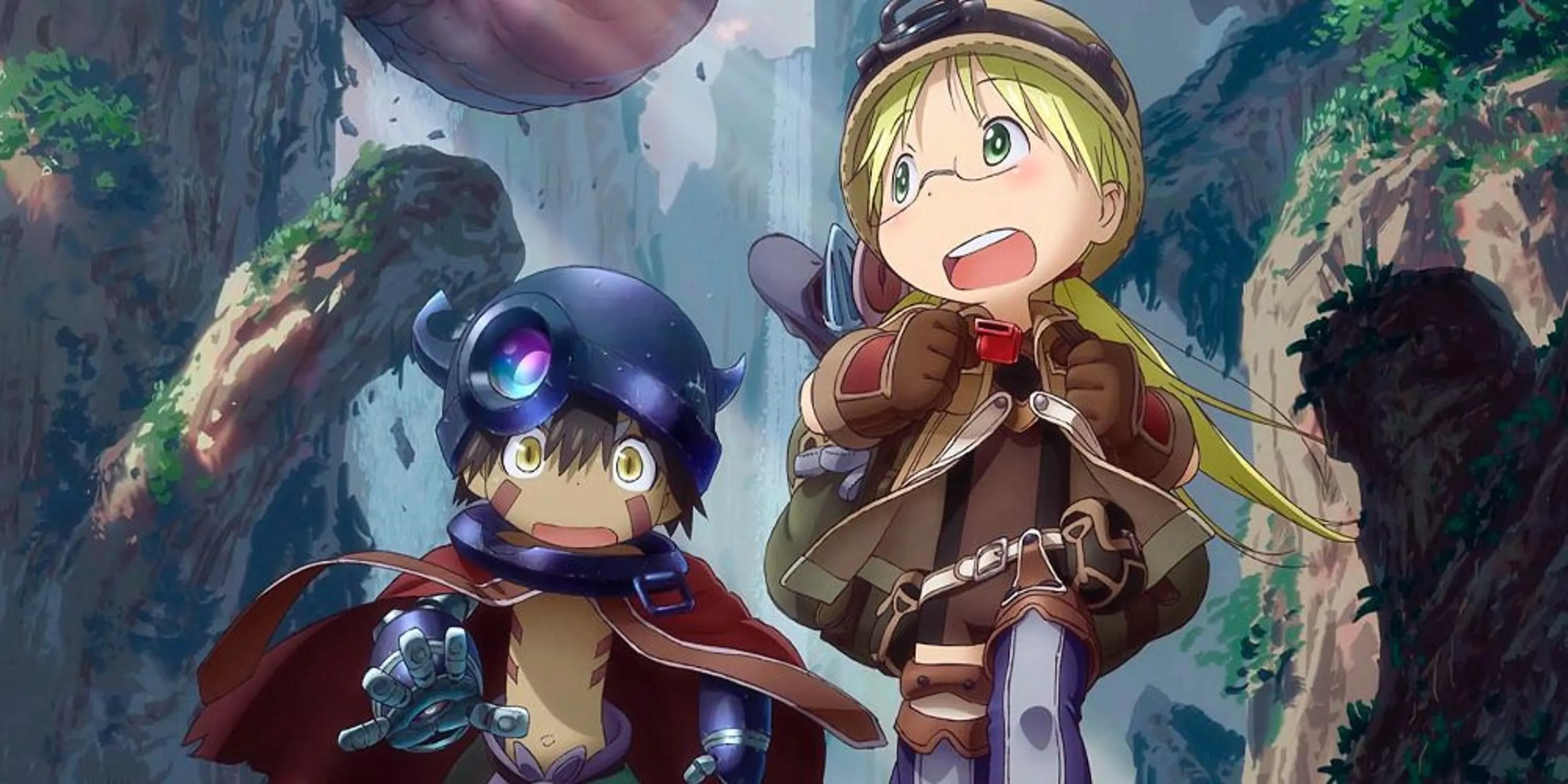 Riko và Reg đứng trước cửa hố Abyss trong anime Made in Abyss
