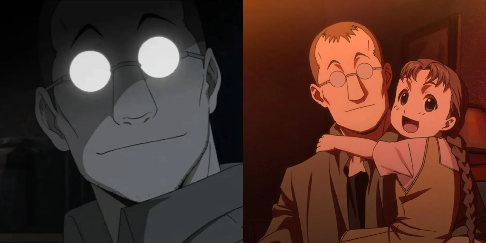 Shou Tucker với nụ cười lúng túng cùng con chimera Nina trong Fullmetal Alchemist Brotherhood