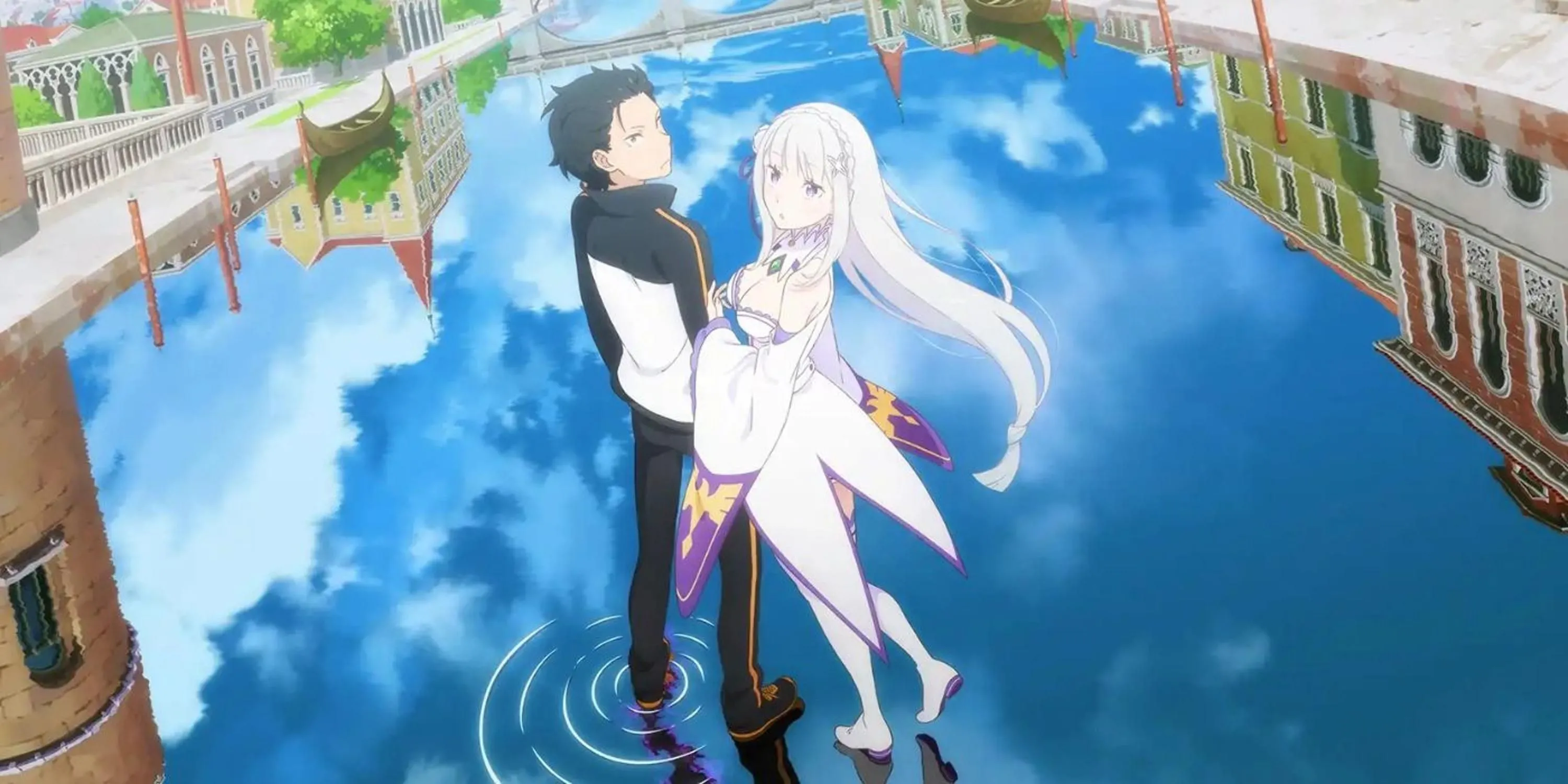 Subaru Natsuki và Emilia đứng cạnh nhau trong anime Re:Zero - Starting Life in Another World