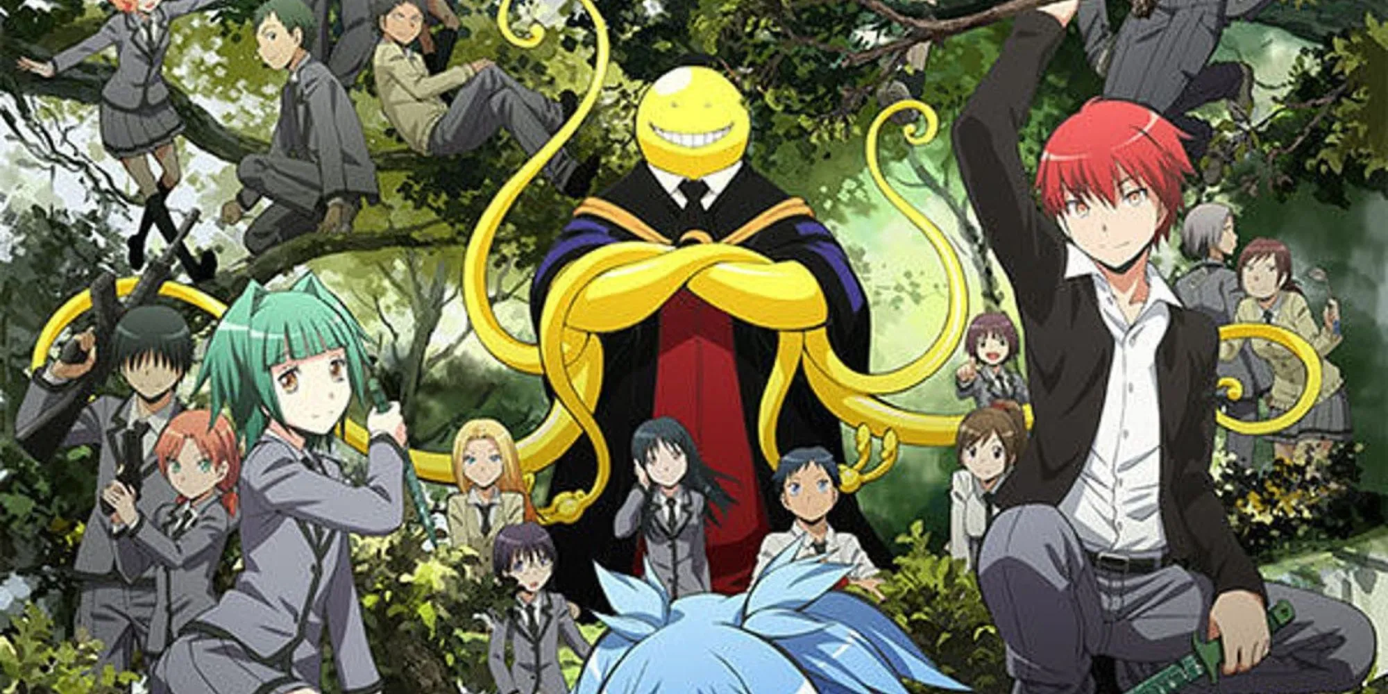 Thầy giáo Koro-sensei màu vàng cùng các học sinh lớp 3-E, bối cảnh lớp học trong Assassination Classroom.