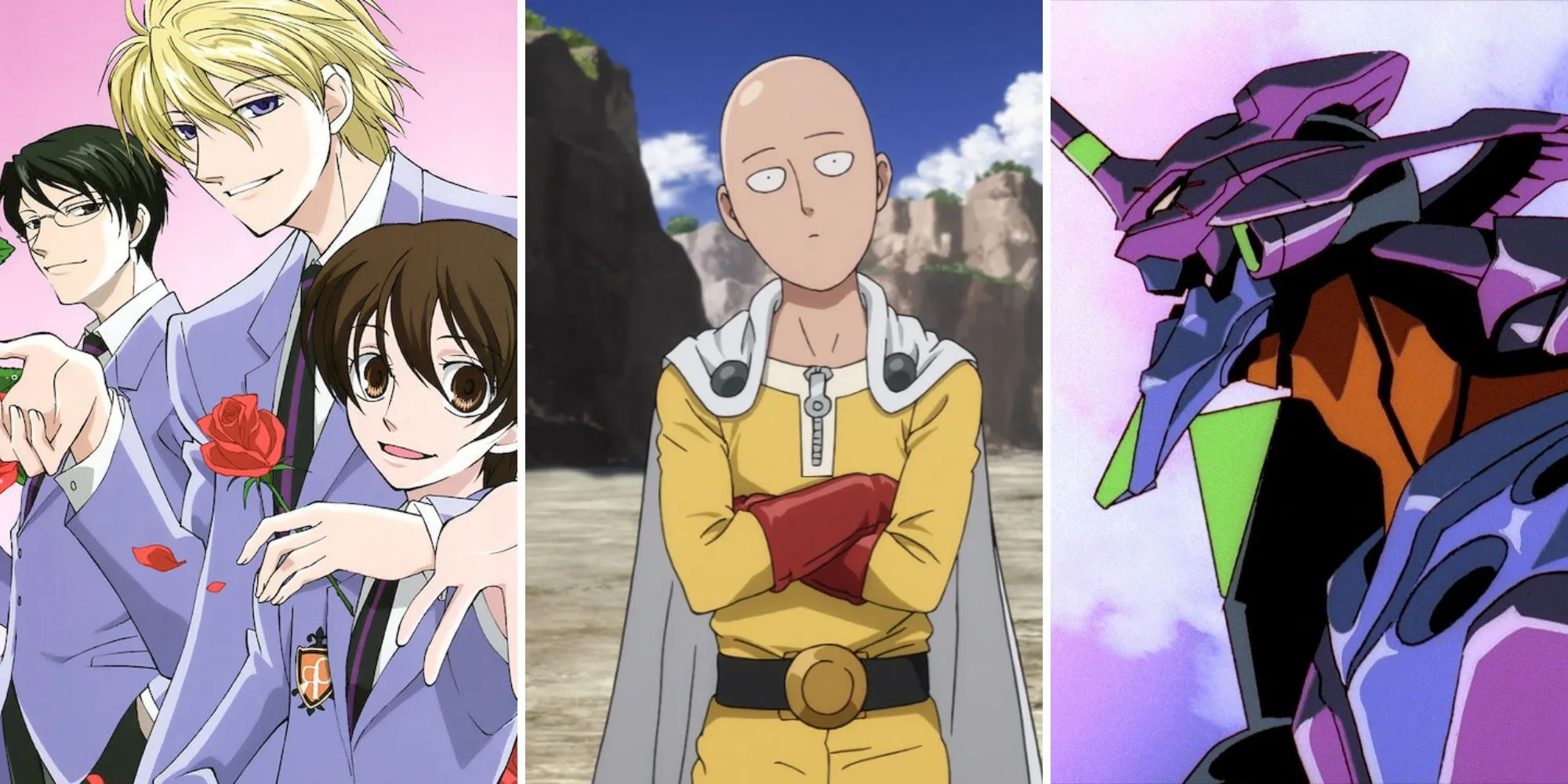 Tổng hợp hình ảnh từ các anime lồng tiếng Anh nổi tiếng như Ouran High School Host Club, One-Punch Man, Neon Genesis Evangelion