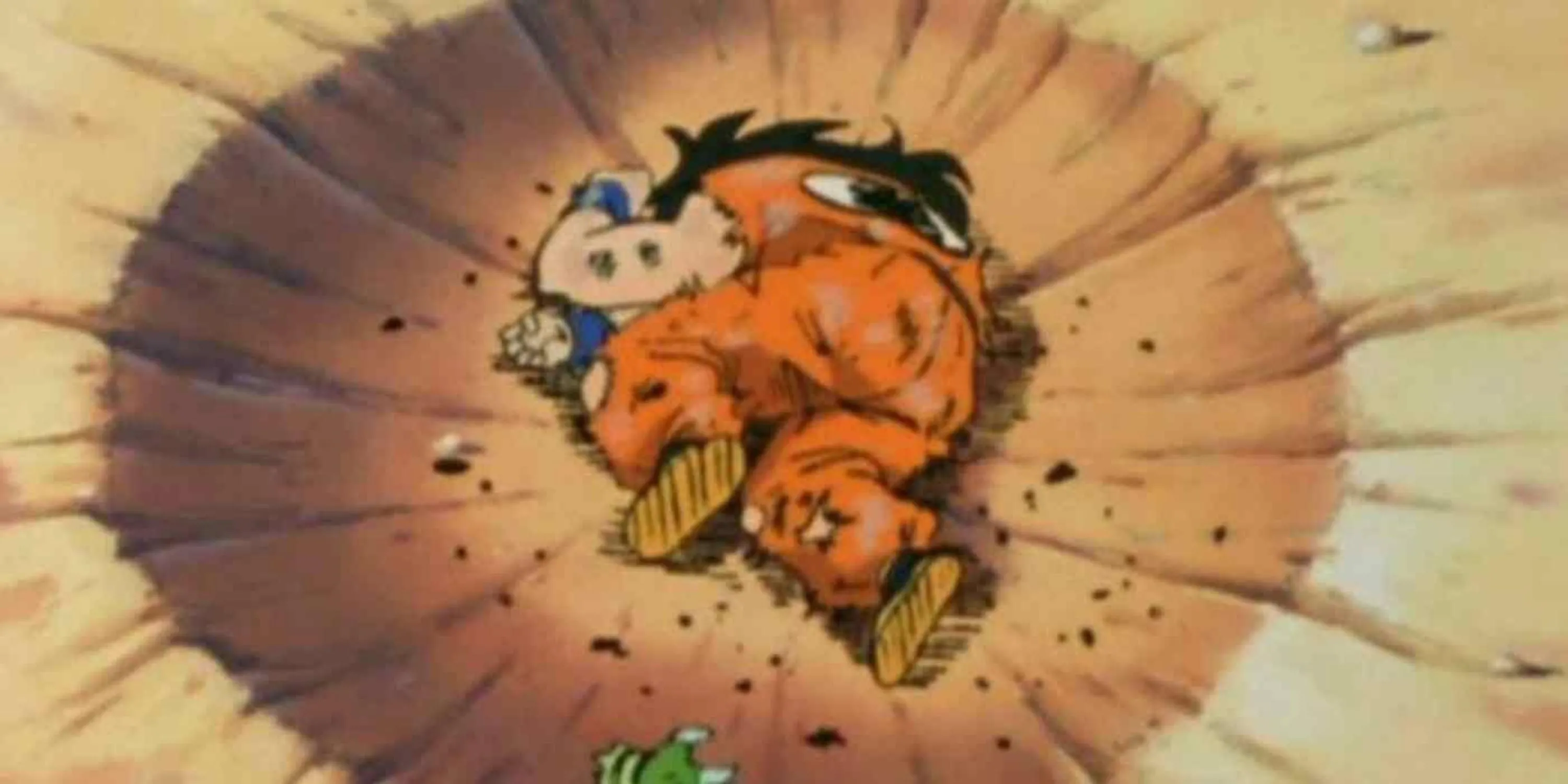 Yamcha trong tư thế chết biểu tượng sau khi bị Saibaman tự sát trong Dragon Ball Z