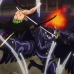 Zoro dùng Tam Kiếm Phái đối đầu King tộc Lunarian trong trận chiến ở Onigashima