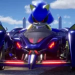 Tạo hình Metal Sonic ấn tượng trong Sonic Racing CrossWorlds, minh họa khả năng tùy biến phương tiện và sử dụng gadget đa dạng.