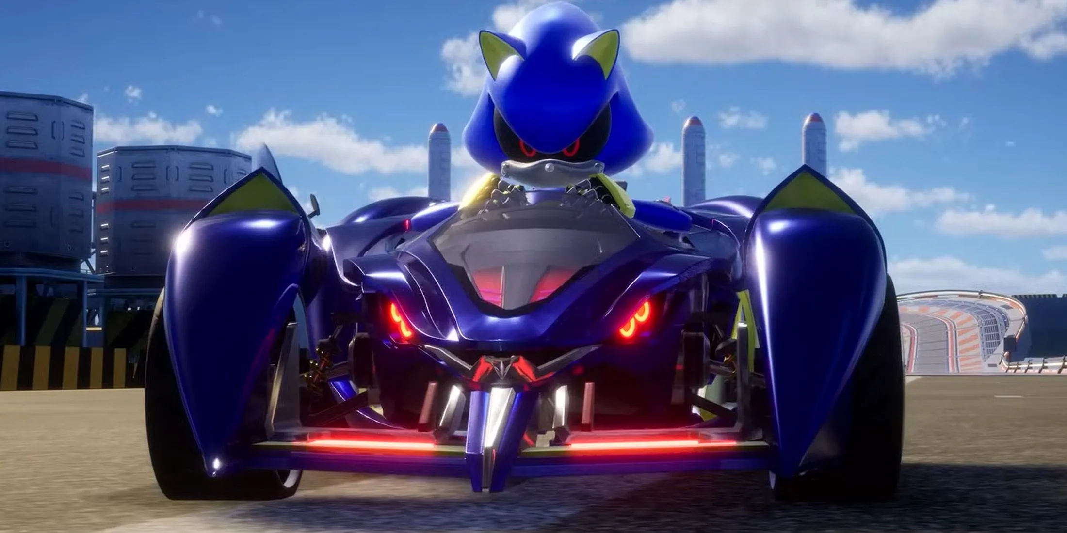 Tạo hình Metal Sonic ấn tượng trong Sonic Racing CrossWorlds, minh họa khả năng tùy biến phương tiện và sử dụng gadget đa dạng.