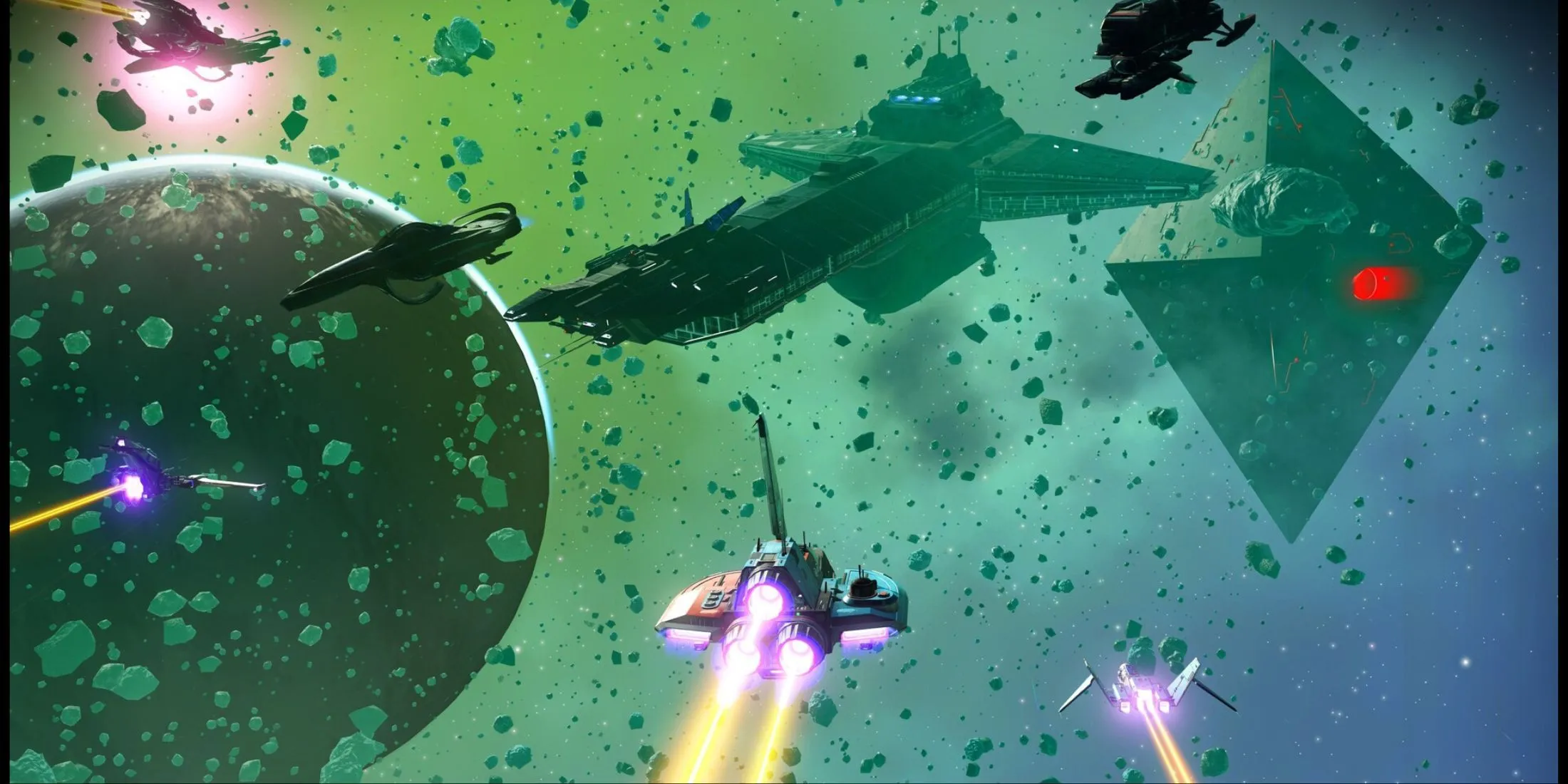 Tàu khu trục hạm khổng lồ của người chơi bay trong không gian No Man's Sky