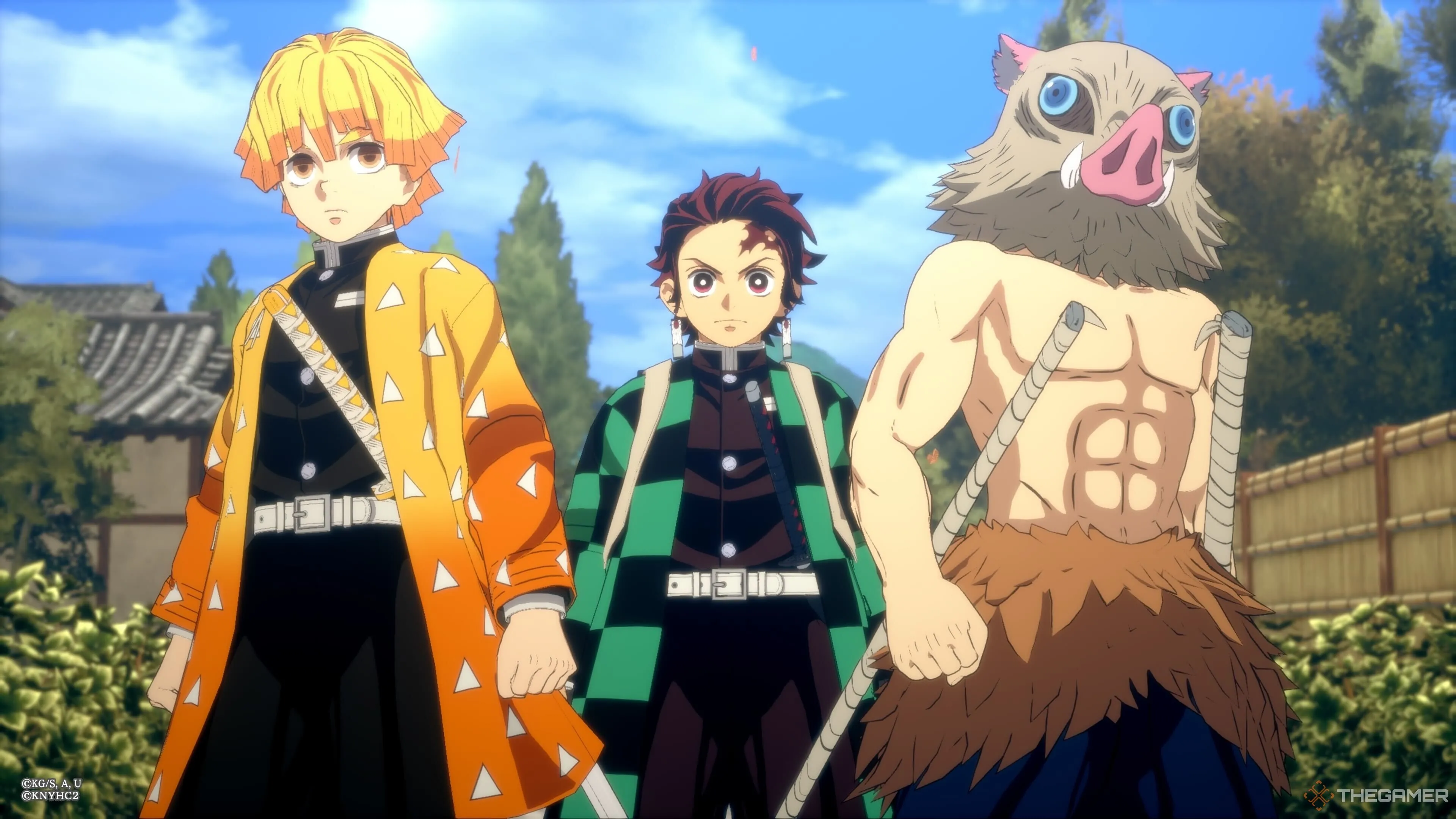 Ba nhân vật chính Inosuke, Tanjiro và Zenitsu chuẩn bị chiến đấu trong một phân cảnh của Demon Slayer: The Hinokami Chronicles 2