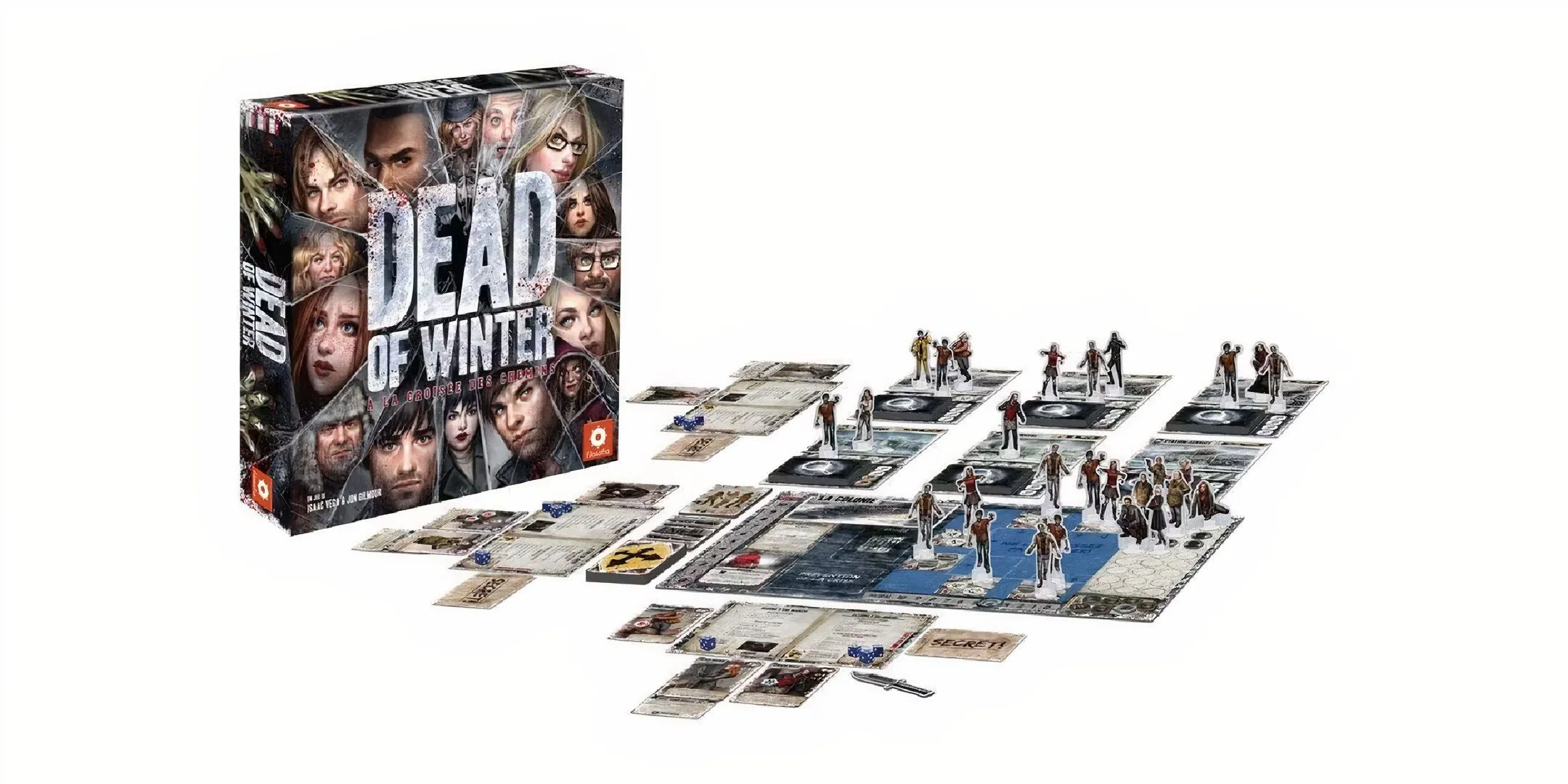 Bàn game Dead of Winter với các quân cờ và thẻ bài đã được sắp xếp, minh họa bối cảnh game phức tạp, dễ bị người chơi ngắt lời hỏi luật.