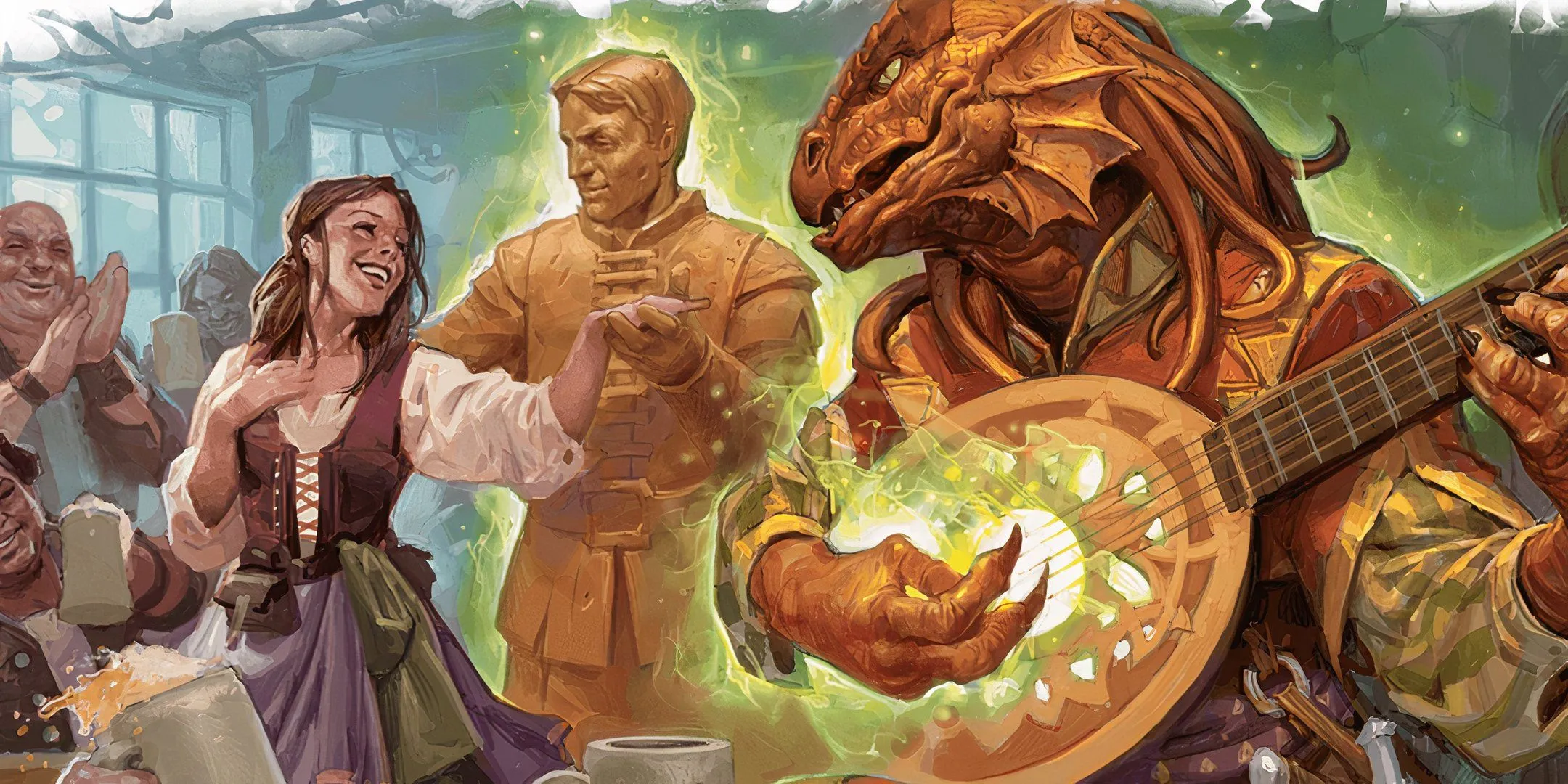 Bard Dragonborn đang mê hoặc một nhân vật khác trong D&amp;D, minh họa cho việc sử dụng luật trong game hoặc hiệu ứng của kỹ năng.
