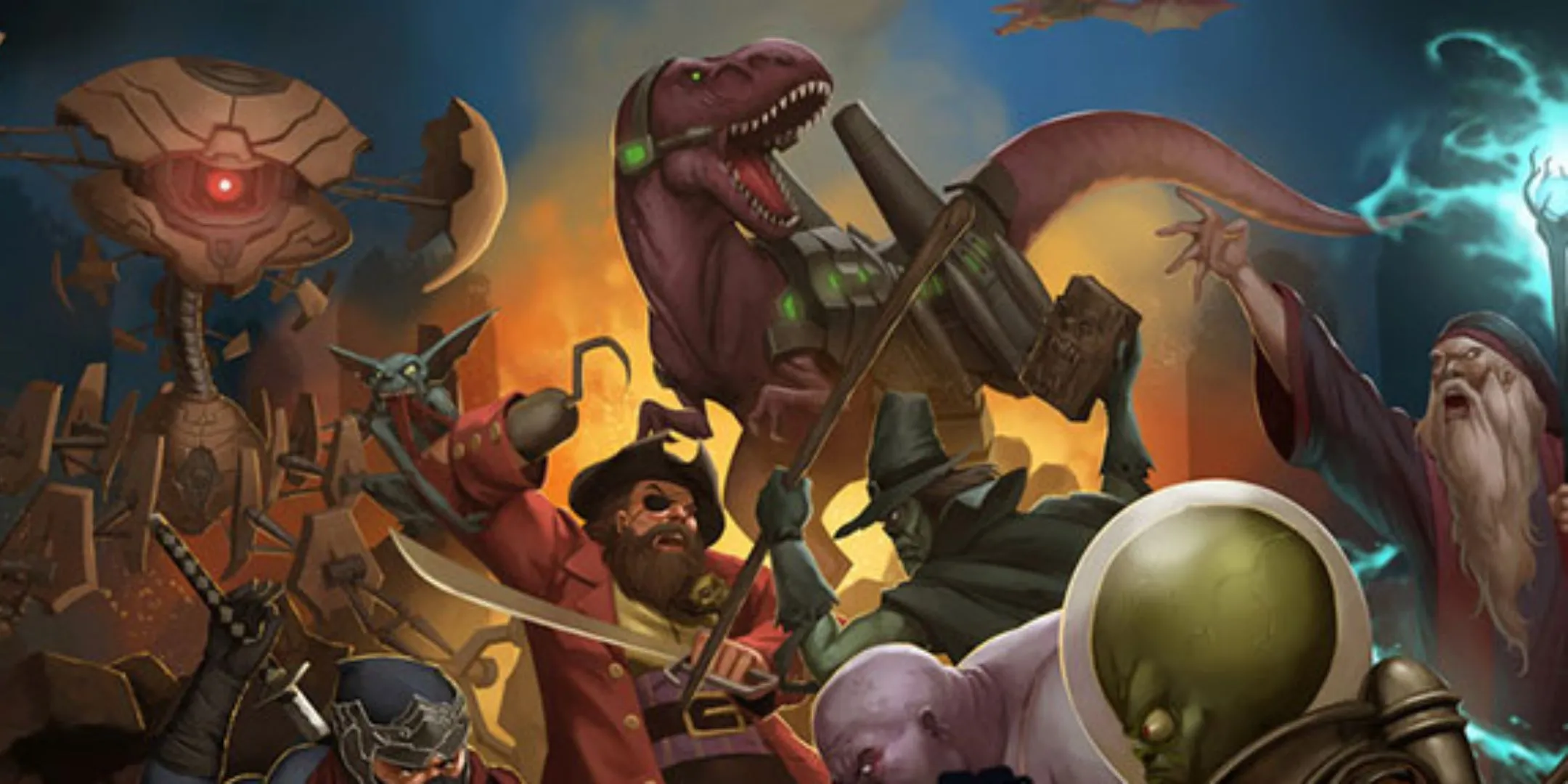 Bìa game Smash Up với các phe phái như cướp biển, khủng long, người ngoài hành tinh chiến đấu