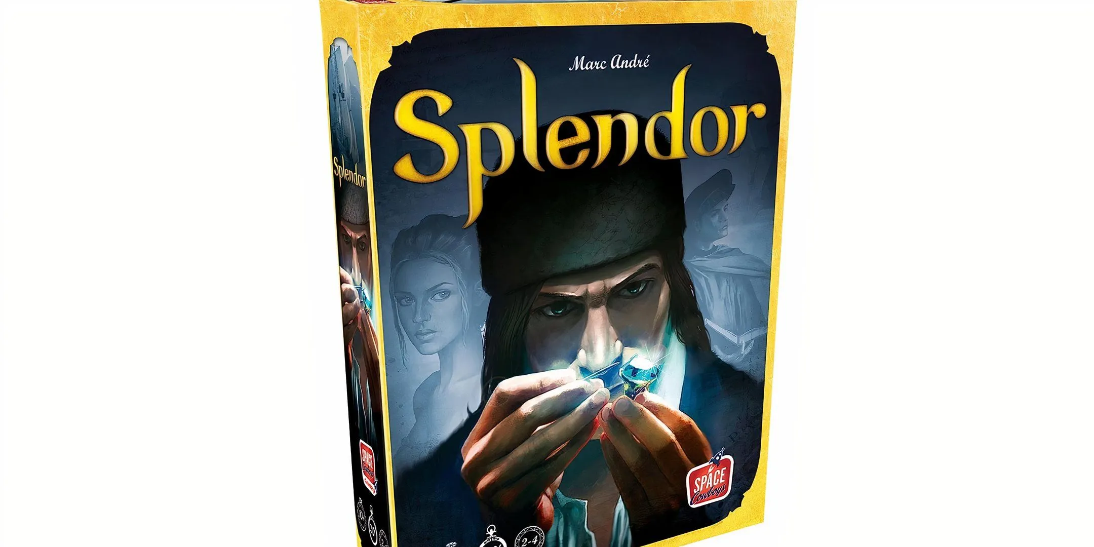 Bìa hộp game board Splendor với hình ảnh người thợ kim hoàn và những viên đá quý