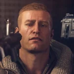 BJ Blazkowicz bị dí súng vào đầu, gương mặt bất lực trong Wolfenstein The New Order.