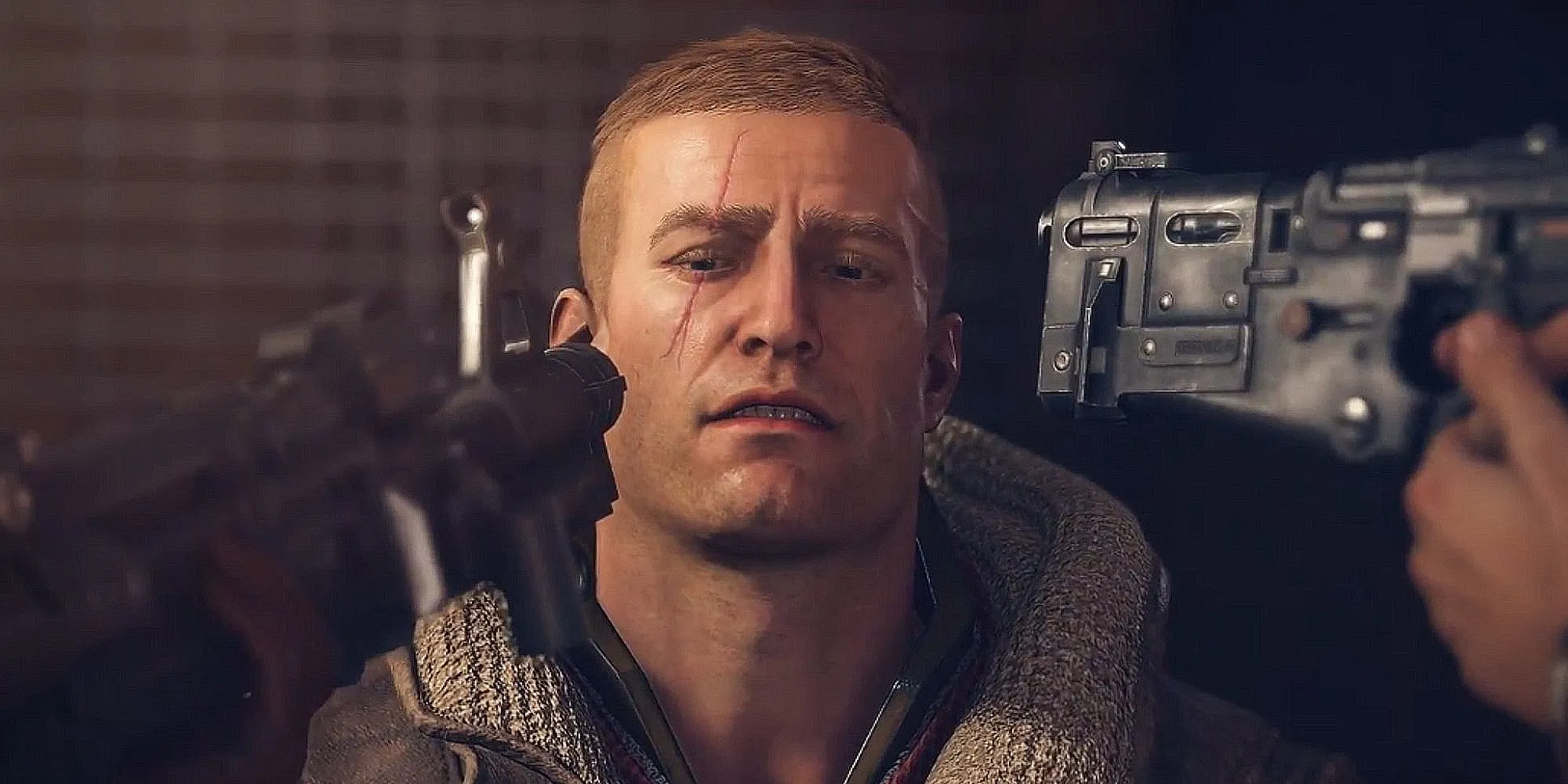 BJ Blazkowicz bị dí súng vào đầu, gương mặt bất lực trong Wolfenstein The New Order.
