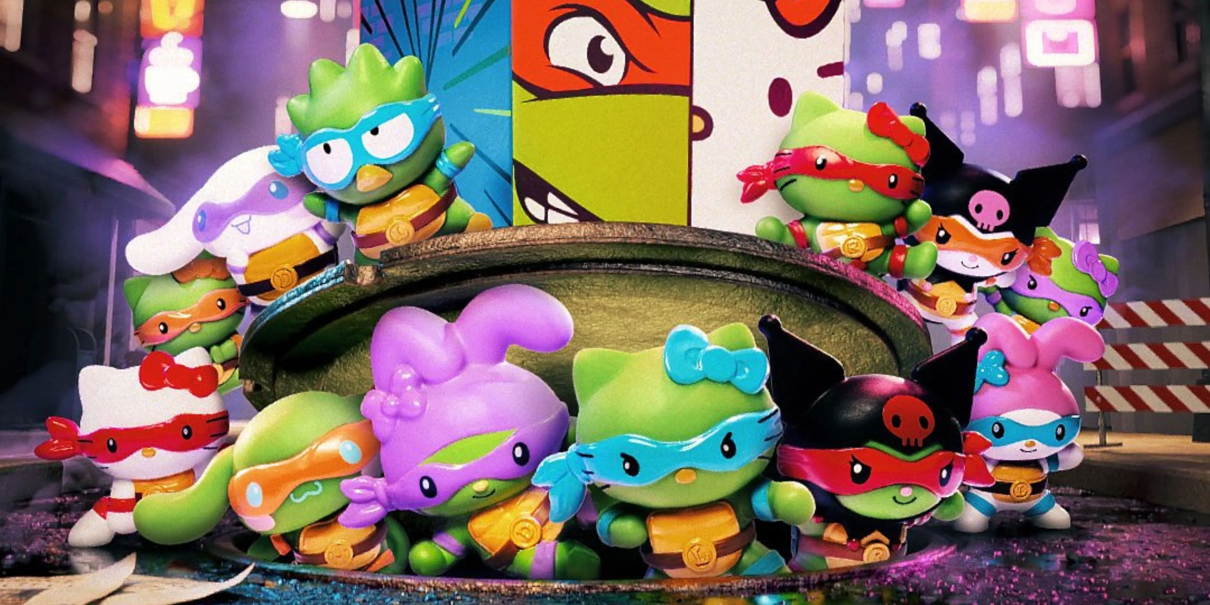 Bộ sưu tập đồ chơi McDonald's Happy Meal kết hợp Hello Kitty và Ninja Rùa với các nhân vật như Hello Kitty Leonardo, My Melody Donatello, Cinnamoroll Michelangelo và Kuromi Raphael.
