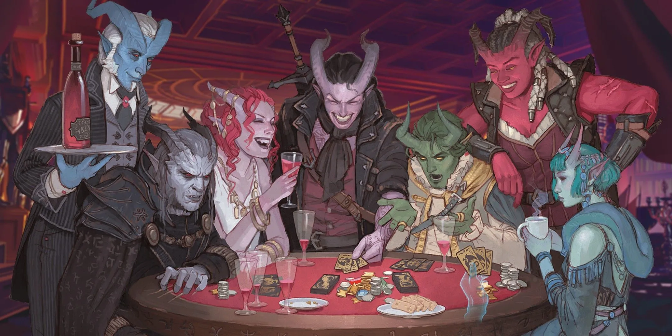 Các Tiefling chơi bài trong D&amp;D, minh họa các hoạt động xã hội nhưng cũng nhắc nhở về việc giữ tập trung khi chơi.