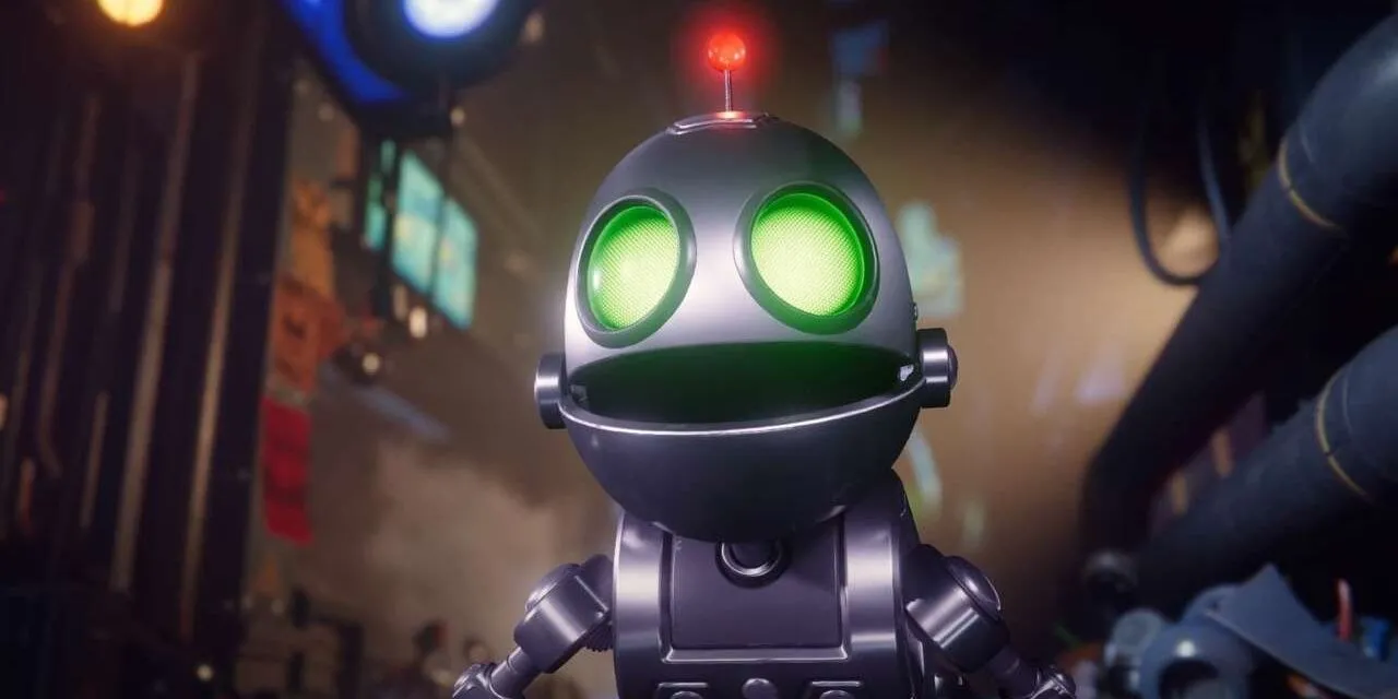 Cận cảnh robot Clank thông minh trong Ratchet and Clank Rift Apart, biểu tượng của sự hỗ trợ kỹ thuật.