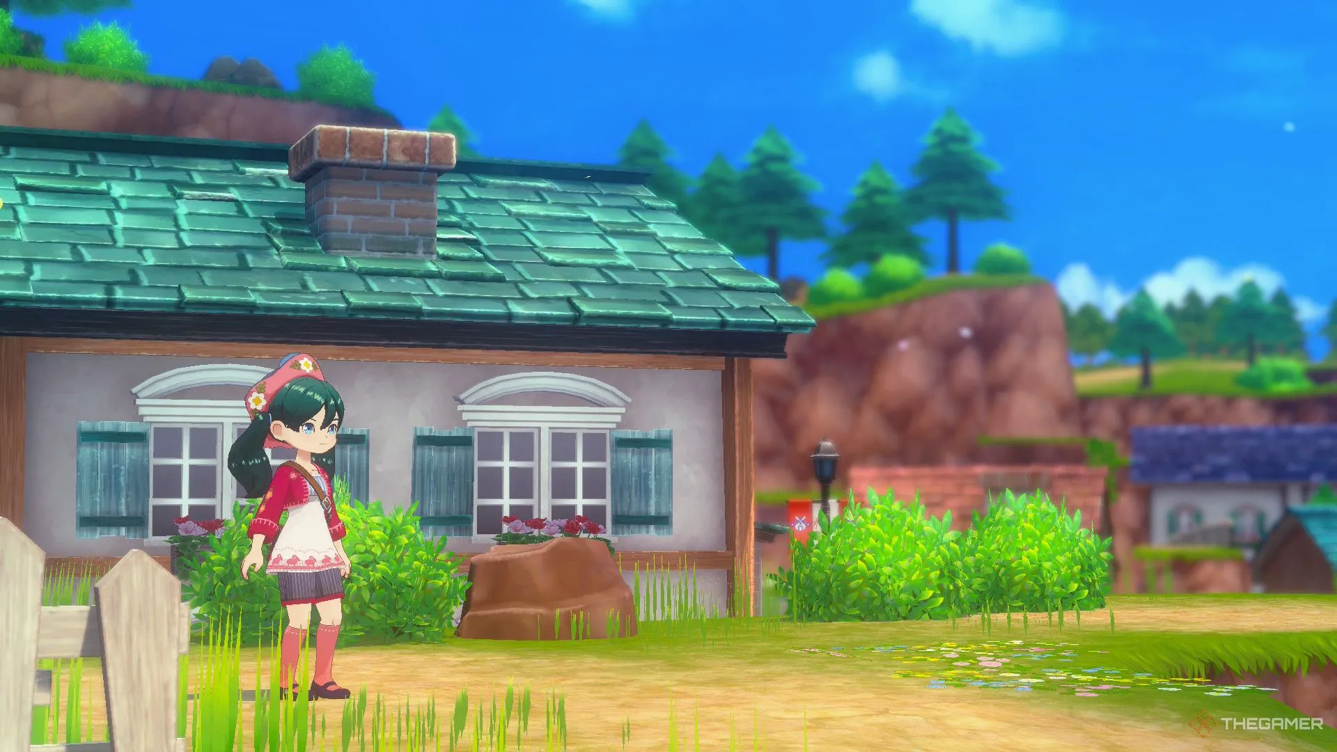 Cảnh người chơi đứng trước trang trại của mình trong Story of Seasons Grand Bazaar, tận hưởng không gian game nông trại thư giãn.