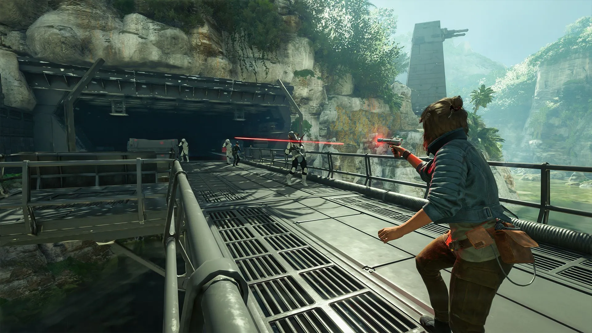 Cảnh quay gameplay Star Wars Outlaws trên Nintendo Switch 2 cho thấy môi trường mở rộng và khả năng di chuyển của nhân vật.