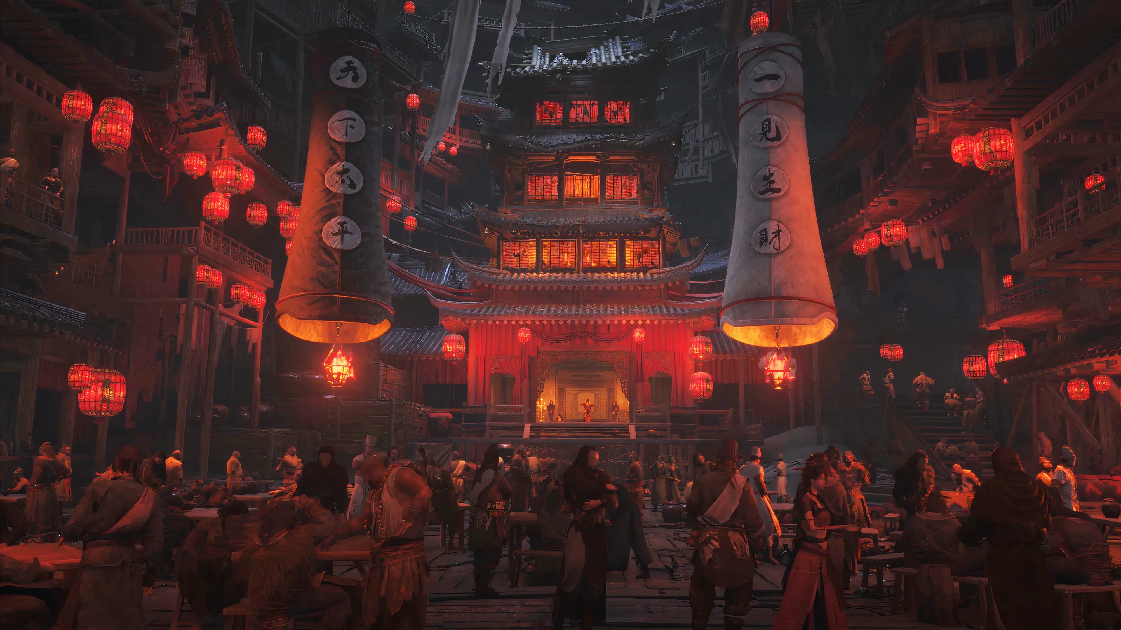 Chợ trong nhà sầm uất với ánh đèn đỏ ấm cúng trong game thế giới mở Where Winds Meet, thể hiện không khí võ hiệp cổ trang.