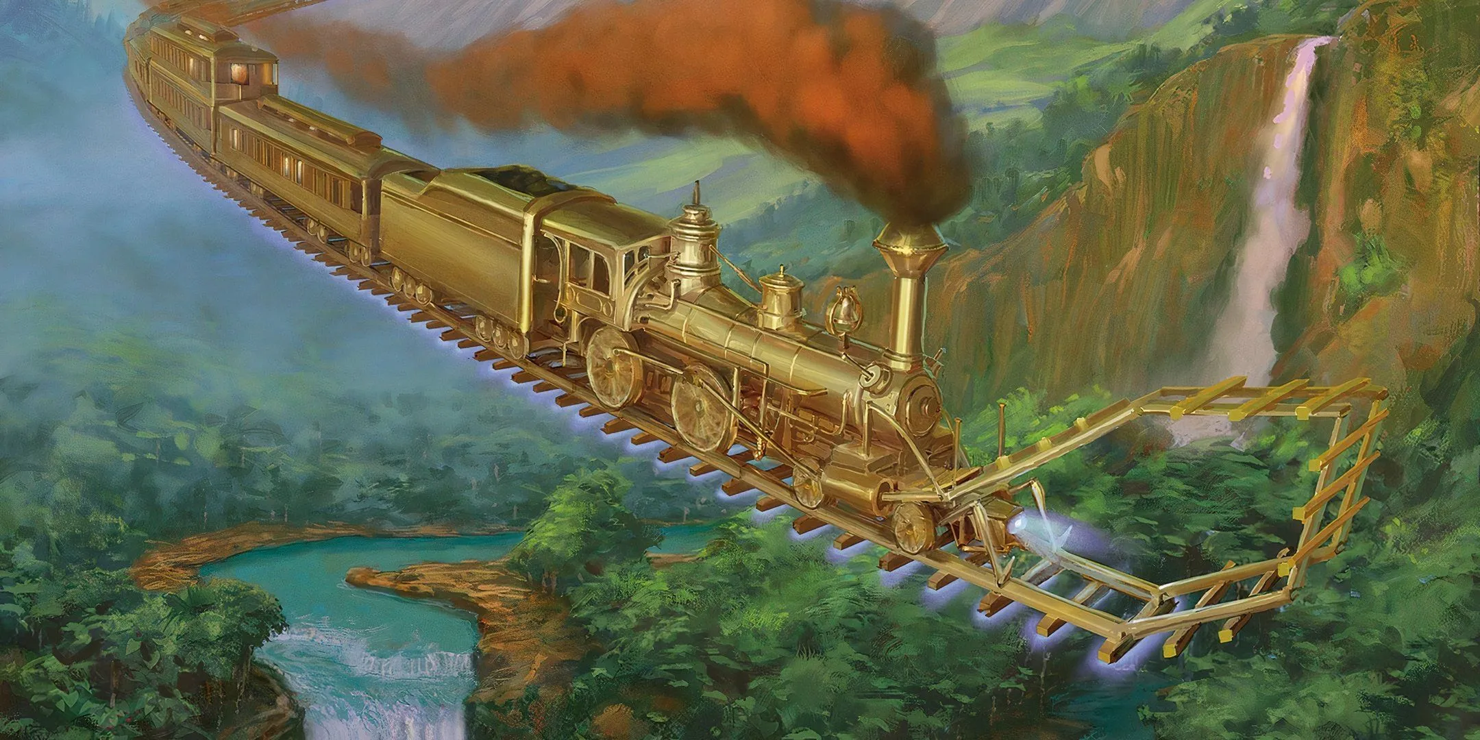 Chuyến tàu Concordant Express ma thuật lơ lửng trên bầu trời, tượng trưng cho hành trình bị 'railroad' trong Dungeons &amp; Dragons.