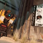 Claptrap robot vui nhộn trong Borderlands 3 đứng trước cánh cổng khóa, thể hiện tính cách "tấu hài".